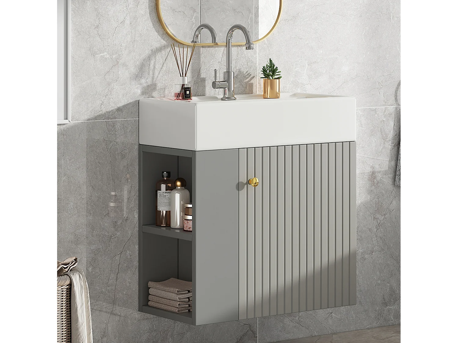 Meuble vasque gris clair mural rainuré, lavabo intégré, poignée invisible, design moderne, 55 cm