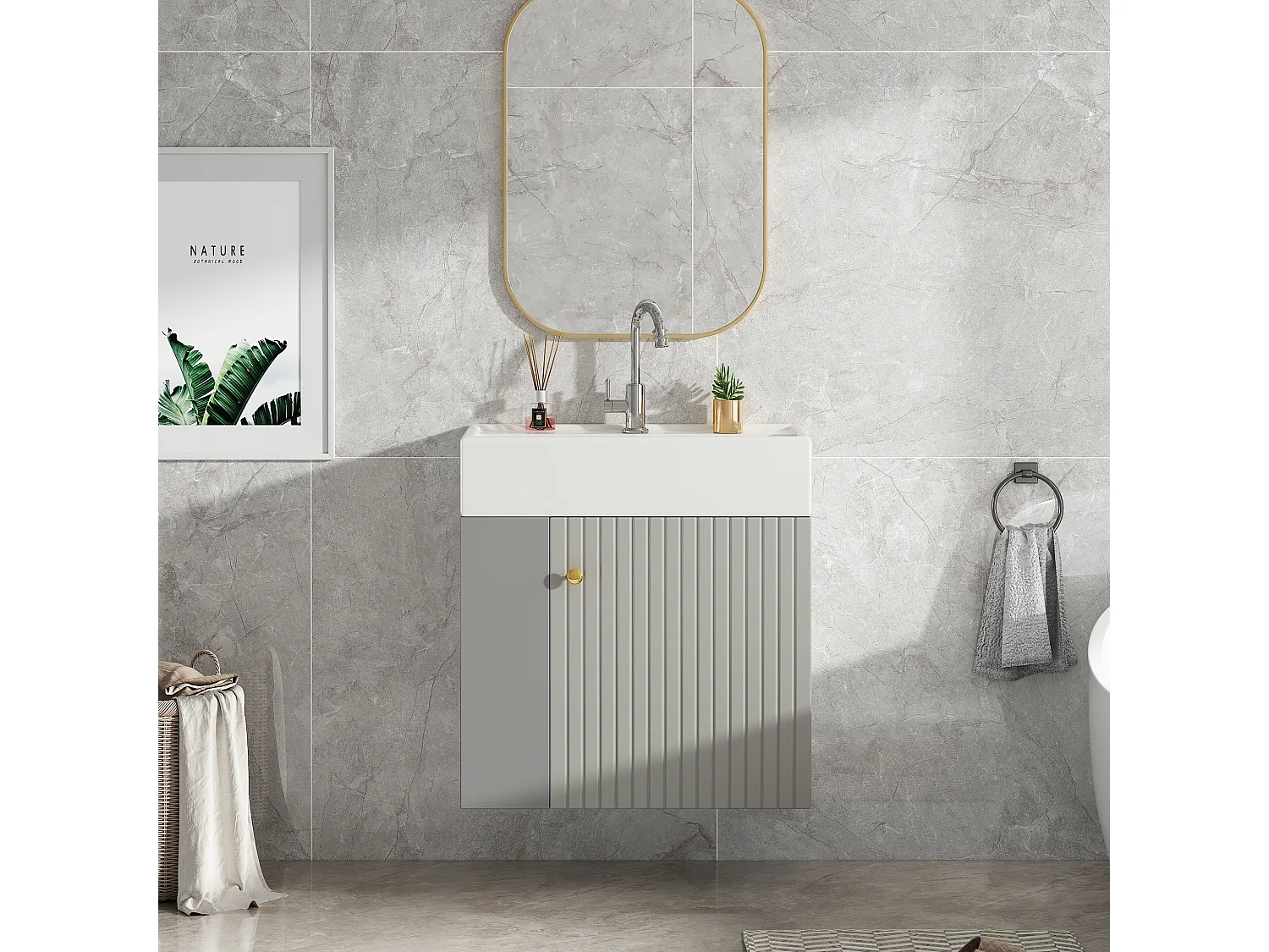 Meuble vasque gris clair mural rainuré, lavabo intégré, poignée invisible, design moderne, 55 cm