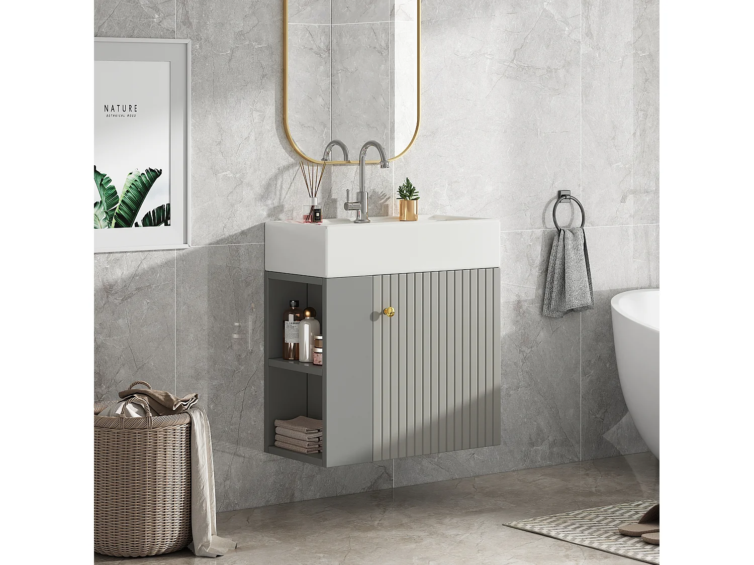 Meuble vasque gris clair mural rainuré, lavabo intégré, poignée invisible, design moderne, 55 cm