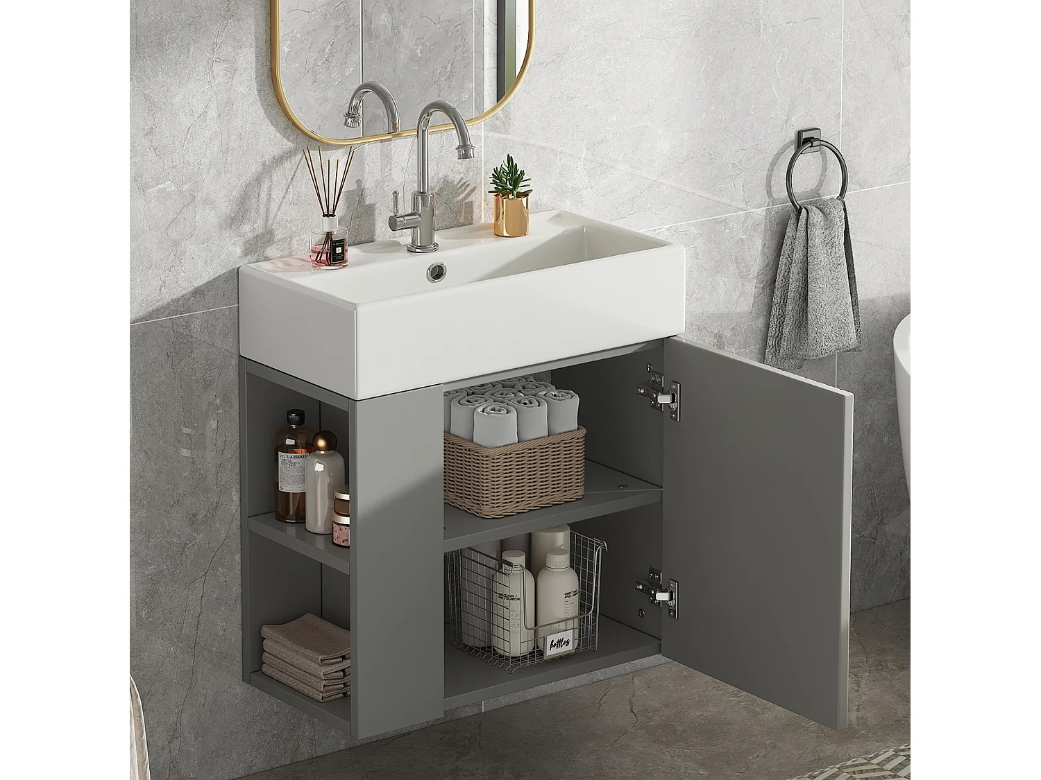 Meuble vasque gris clair mural rainuré, lavabo intégré, poignée invisible, design moderne, 55 cm