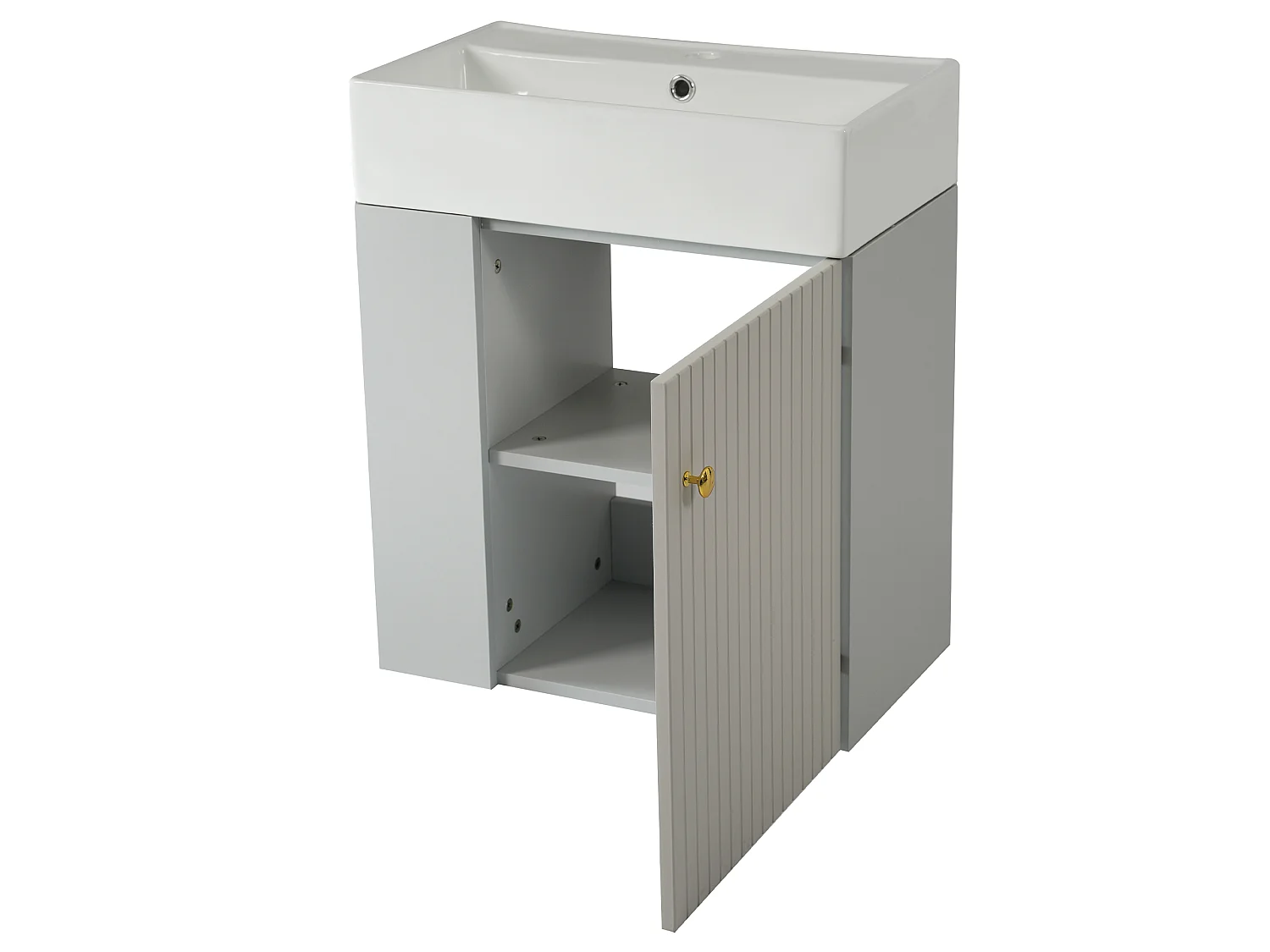 Meuble vasque gris clair mural rainuré, lavabo intégré, poignée invisible, design moderne, 55 cm