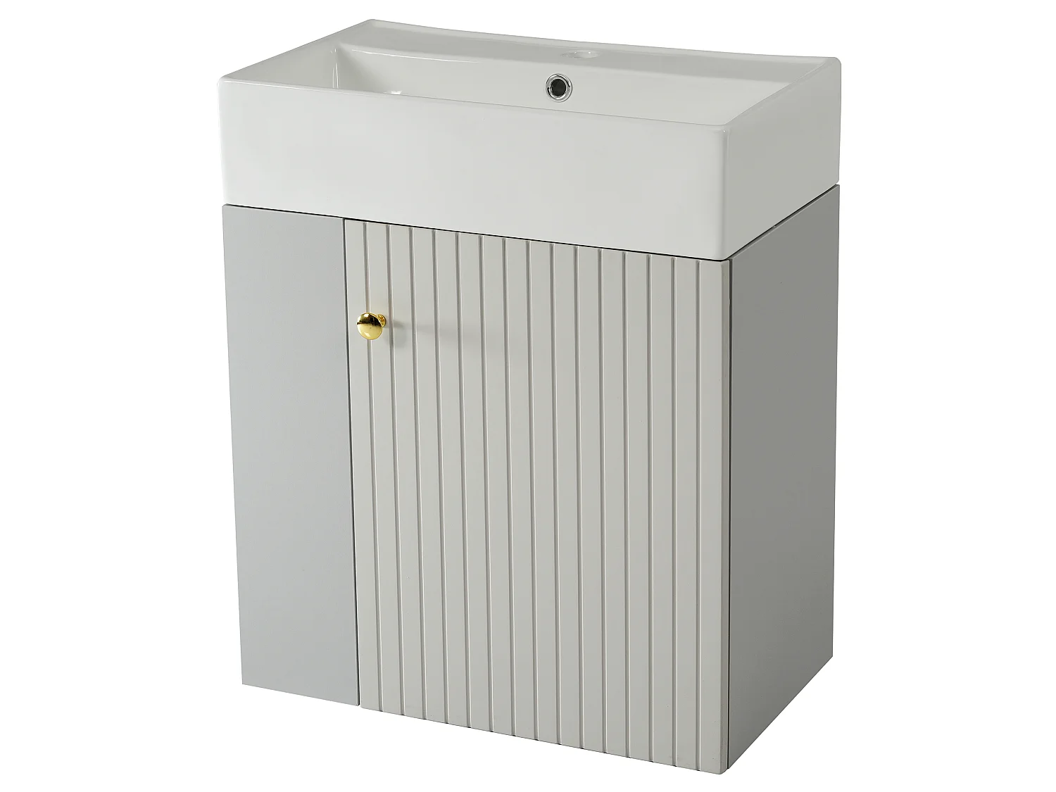 Meuble vasque gris clair mural rainuré, lavabo intégré, poignée invisible, design moderne, 55 cm