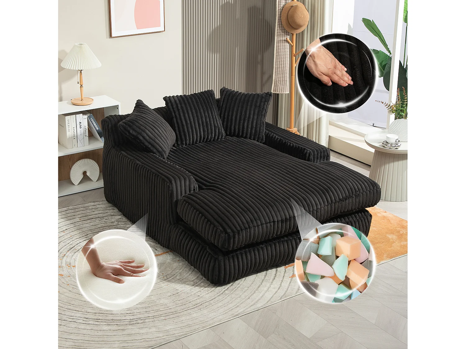 Canapé relaxation Cloud velours côtelé noir, 3 coussins, assise large, design scandinave