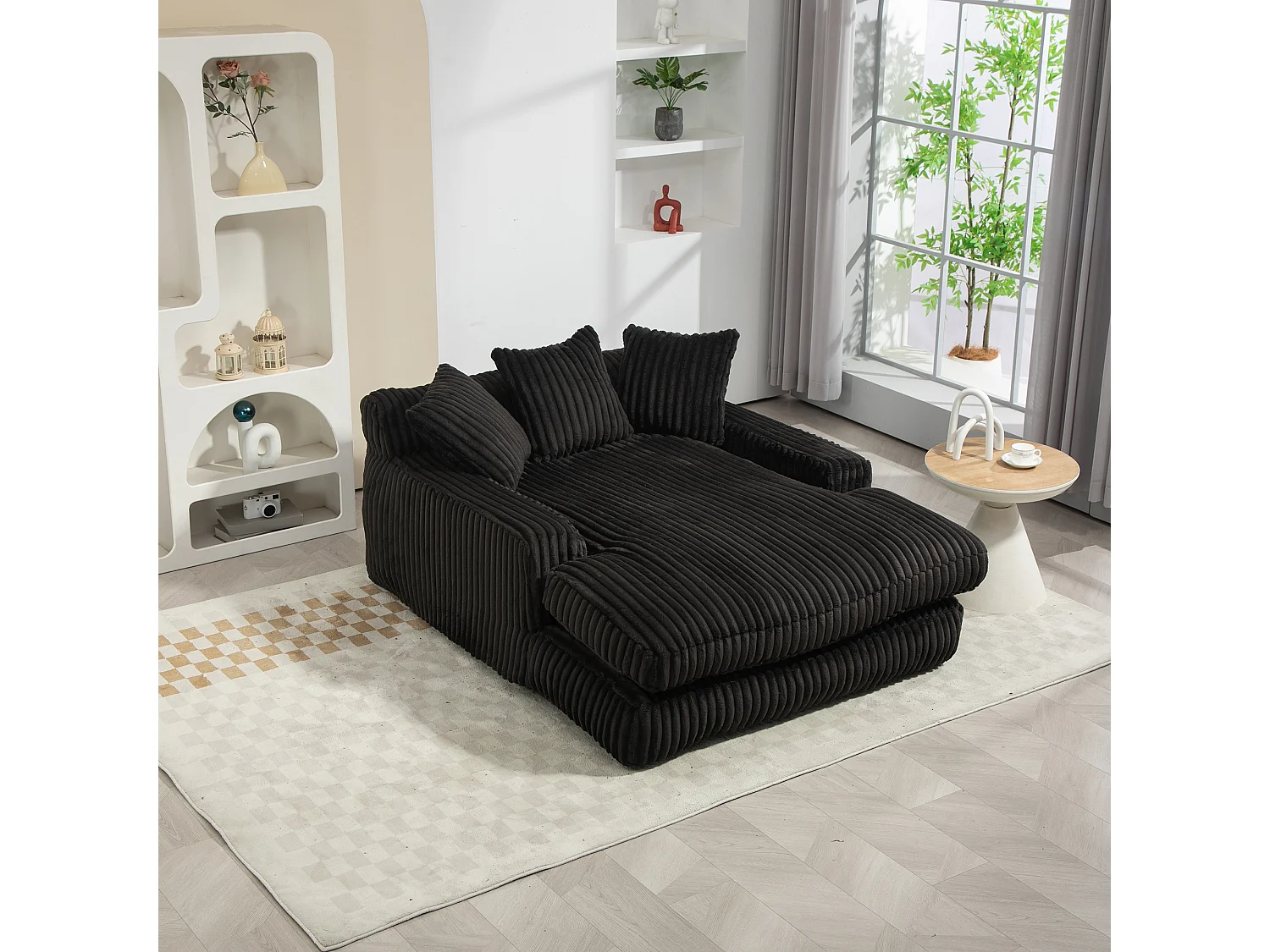Canapé relaxation Cloud velours côtelé noir, 3 coussins, assise large, design scandinave