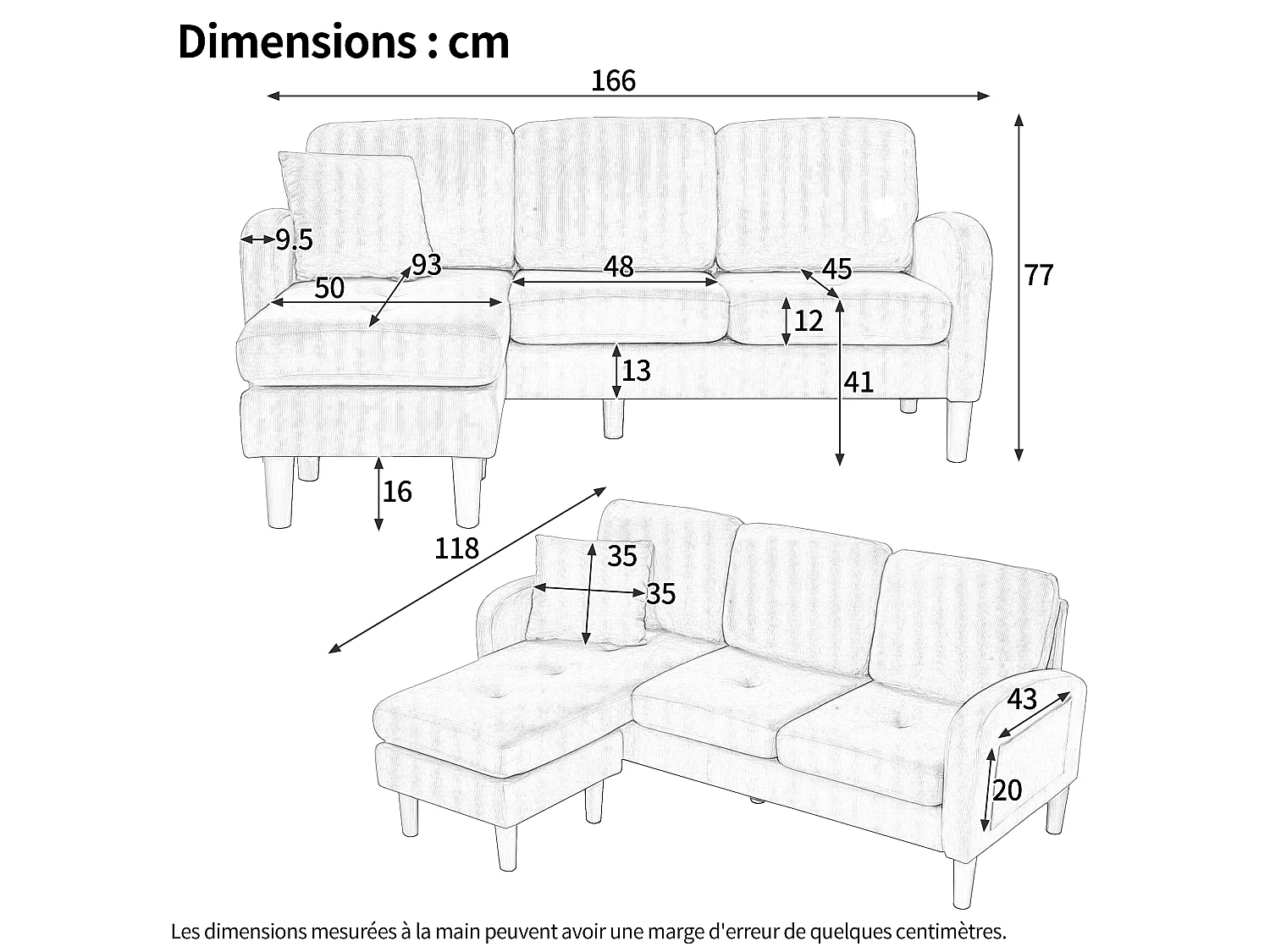 Canapé d'angle L 3 places, tissu coton et lin, méridienne, design scandinave, salon