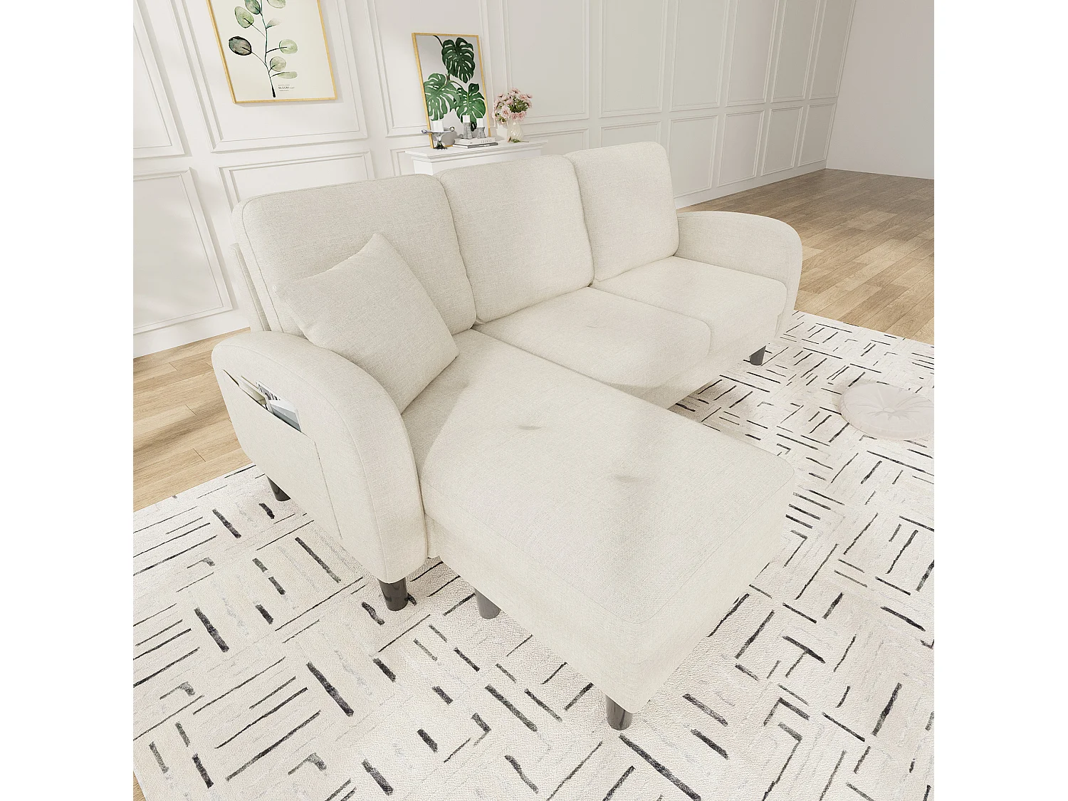 Canapé d'angle L 3 places, tissu coton et lin, méridienne, design scandinave, salon