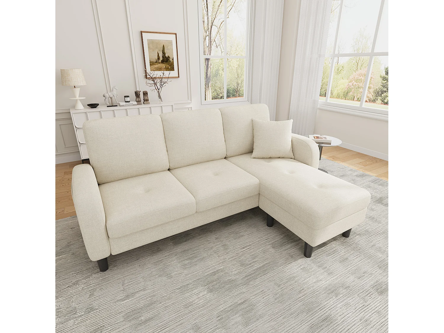 Canapé d'angle L 3 places, tissu coton et lin, méridienne, design scandinave, salon