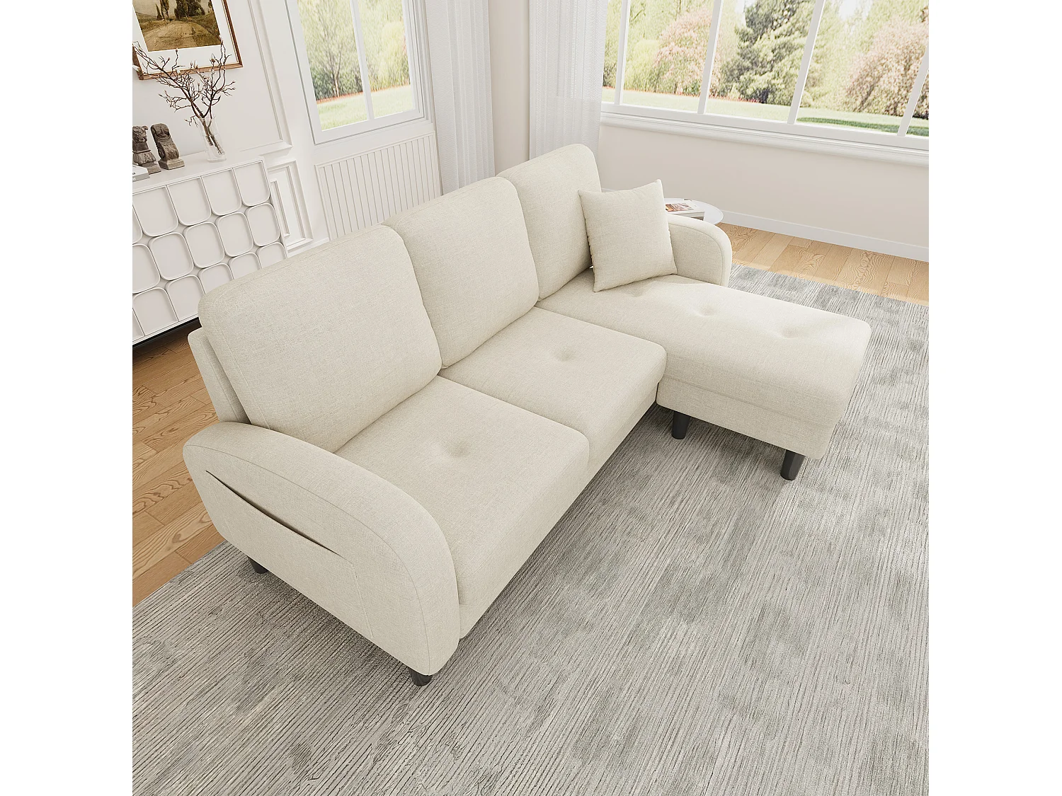 Canapé d'angle L 3 places, tissu coton et lin, méridienne, design scandinave, salon