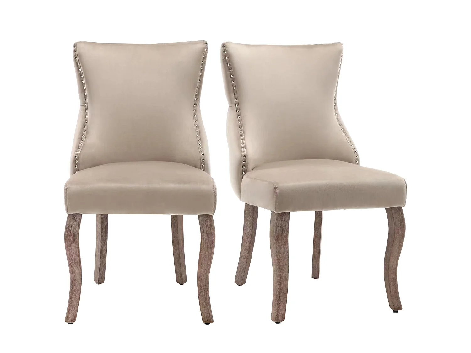 Lot de 2 chaises velours beige, dossier clouté, pieds incurvés bois massif, chaise salle à manger