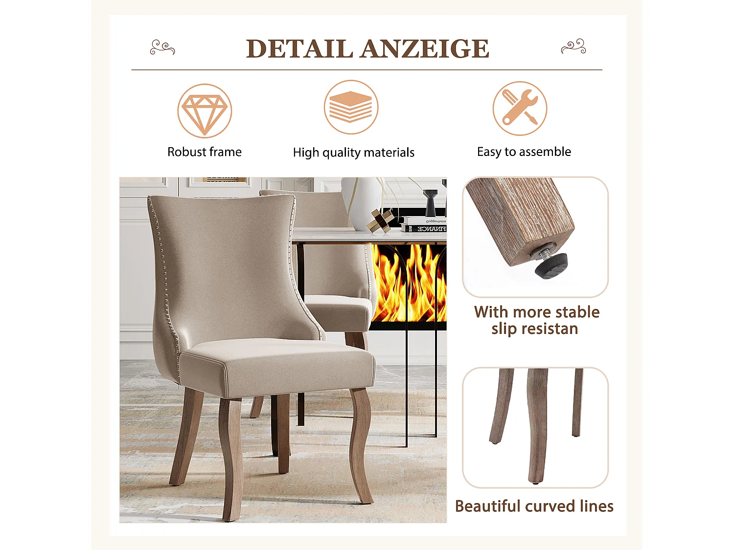 Lot de 2 chaises velours beige, dossier clouté, pieds incurvés bois massif, chaise salle à manger