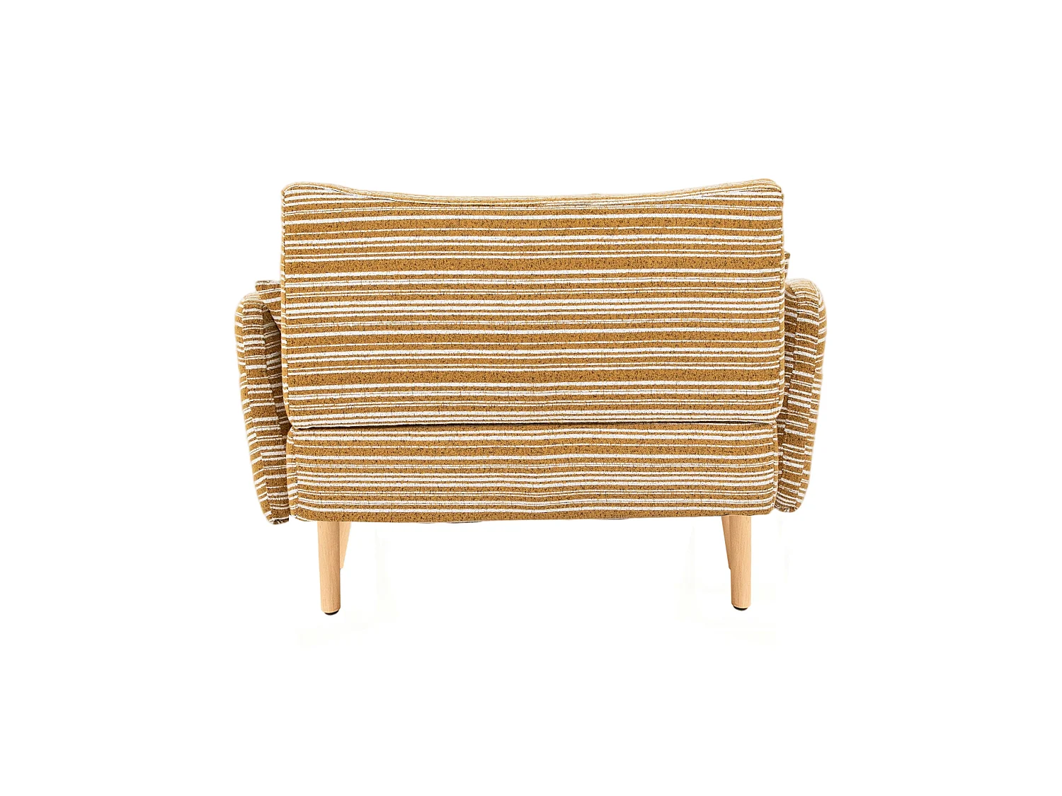 Canapé 2 places bouclé jaune moutarde, assise profonde, accoudoirs rembourrés, sac de rangement