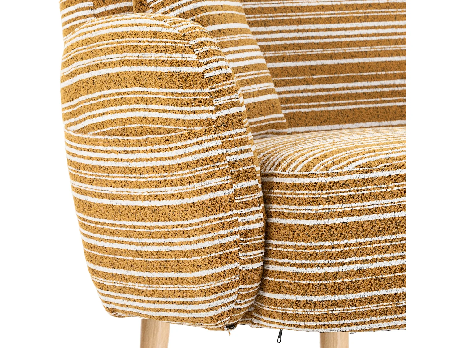 Canapé 2 places bouclé jaune moutarde, assise profonde, accoudoirs rembourrés, sac de rangement