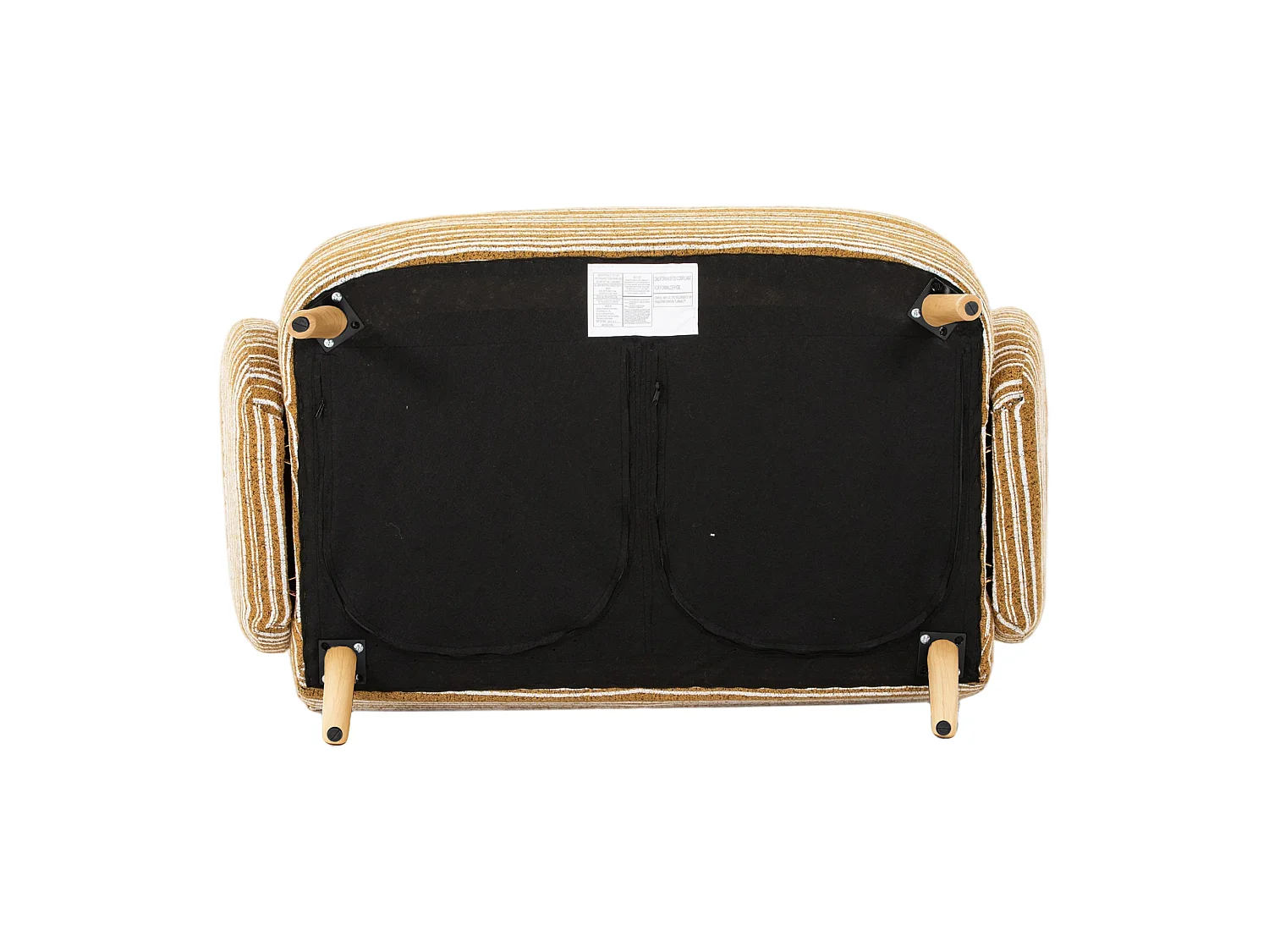 Canapé 2 places bouclé jaune moutarde, assise profonde, accoudoirs rembourrés, sac de rangement