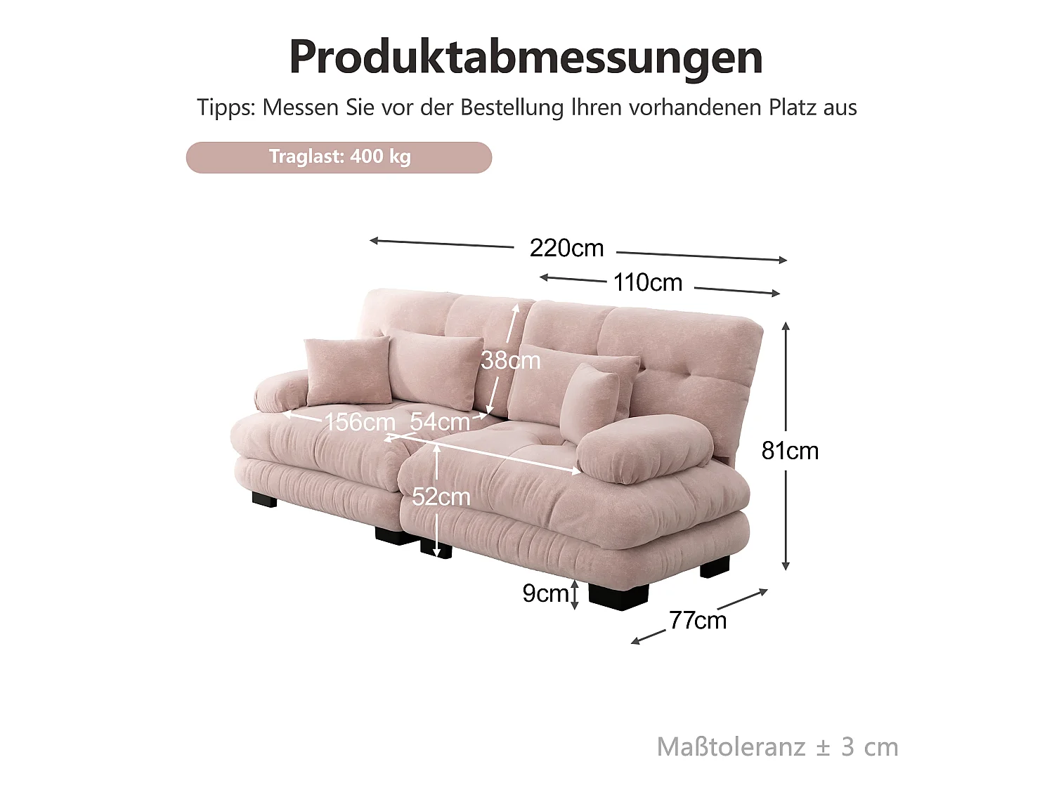 Canapé relaxation cloud rose, tissu chenille, 4 coussins inclus, assise moelleuse, salon