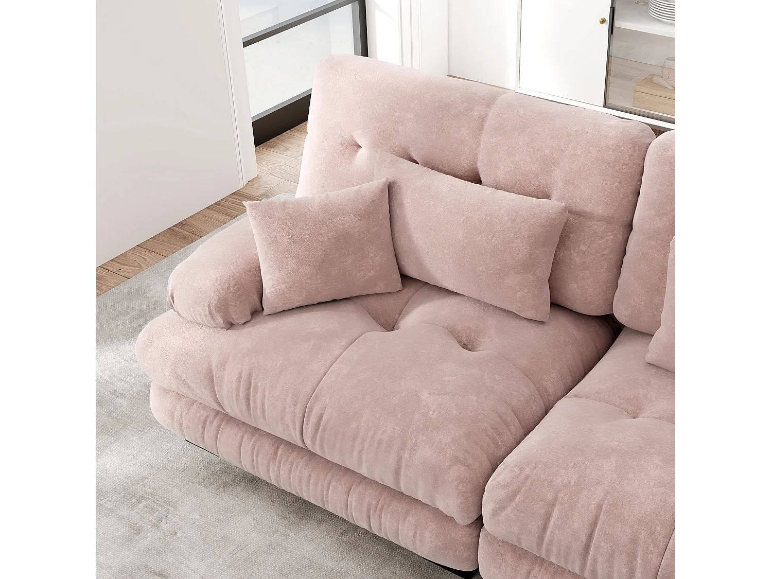 Canapé relaxation cloud rose, tissu chenille, 4 coussins inclus, assise moelleuse, salon