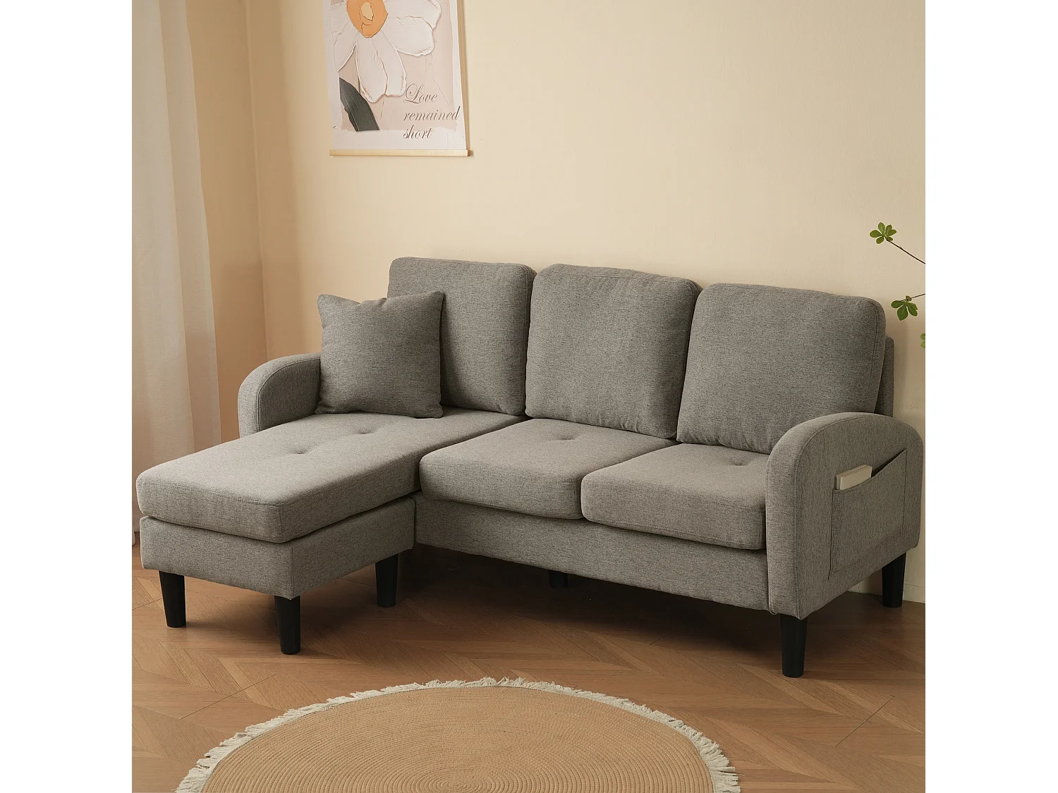 Canapé d'angle L 3 places, tissu coton et lin, méridienne, design scandinave, salon