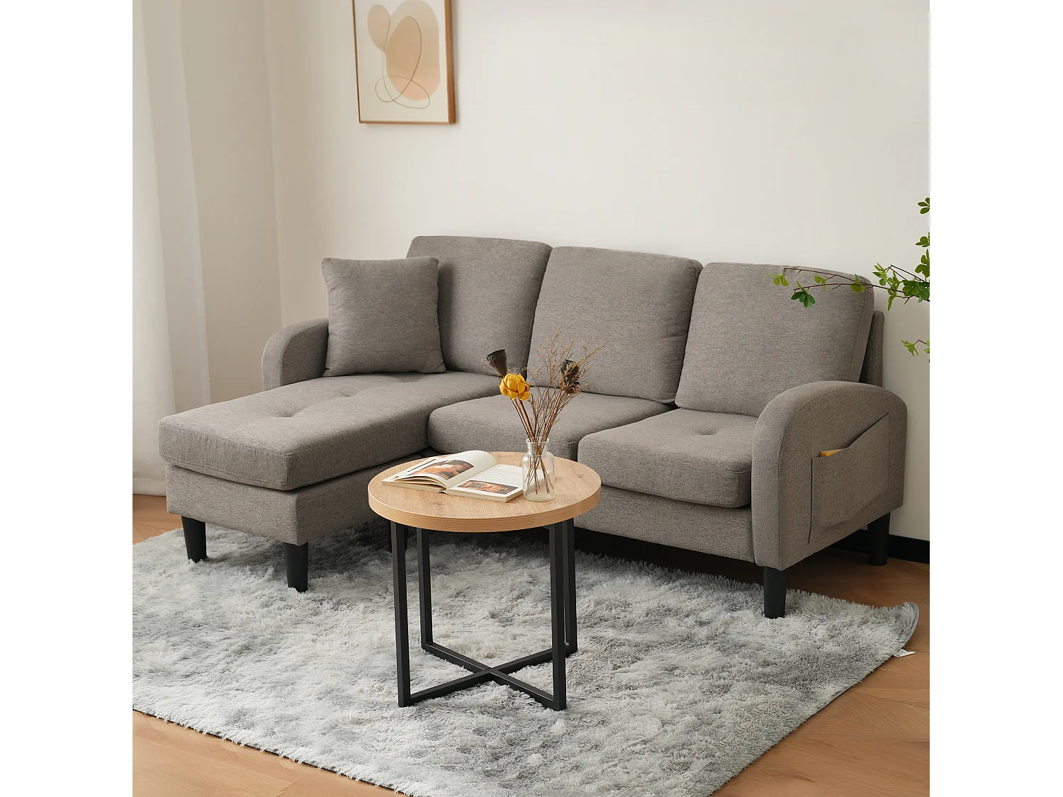 Canapé d'angle L 3 places, tissu coton et lin, méridienne, design scandinave, salon
