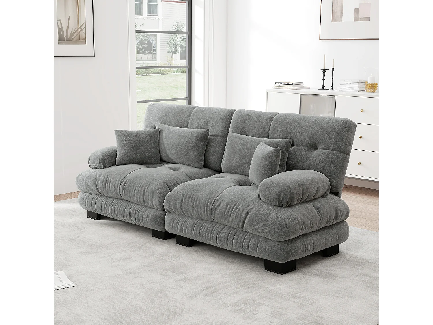 Canapé relaxation cloud gris, tissu chenille, 4 coussins inclus, assise moelleuse, salon