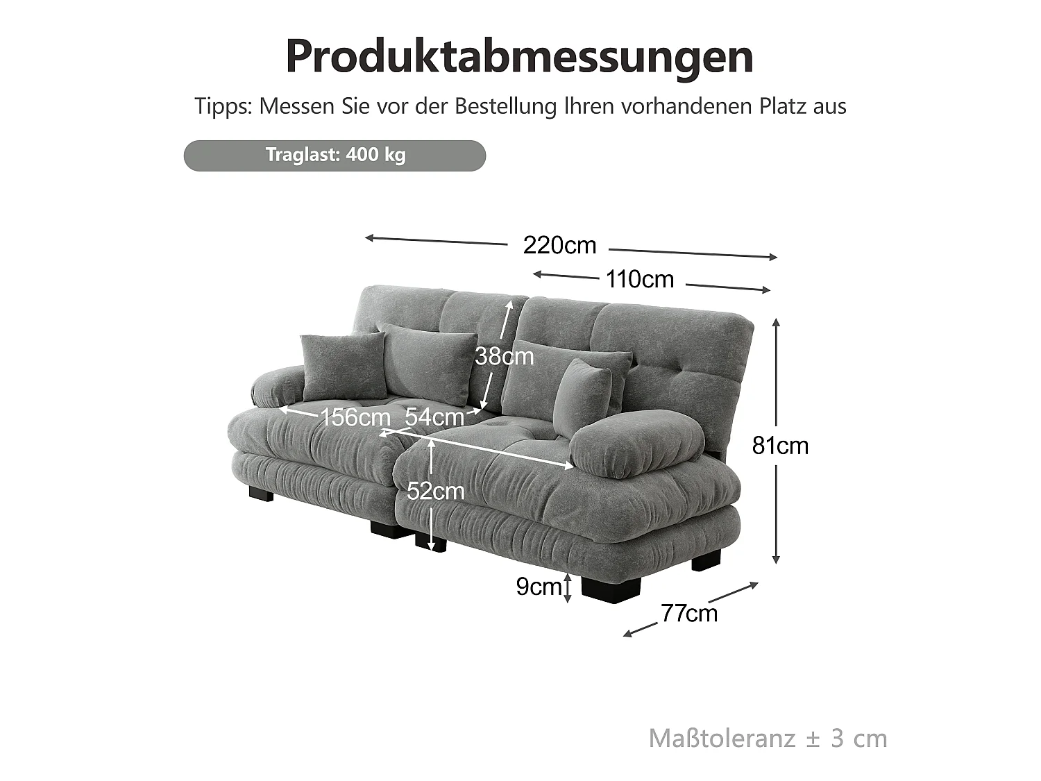 Canapé relaxation cloud gris, tissu chenille, 4 coussins inclus, assise moelleuse, salon