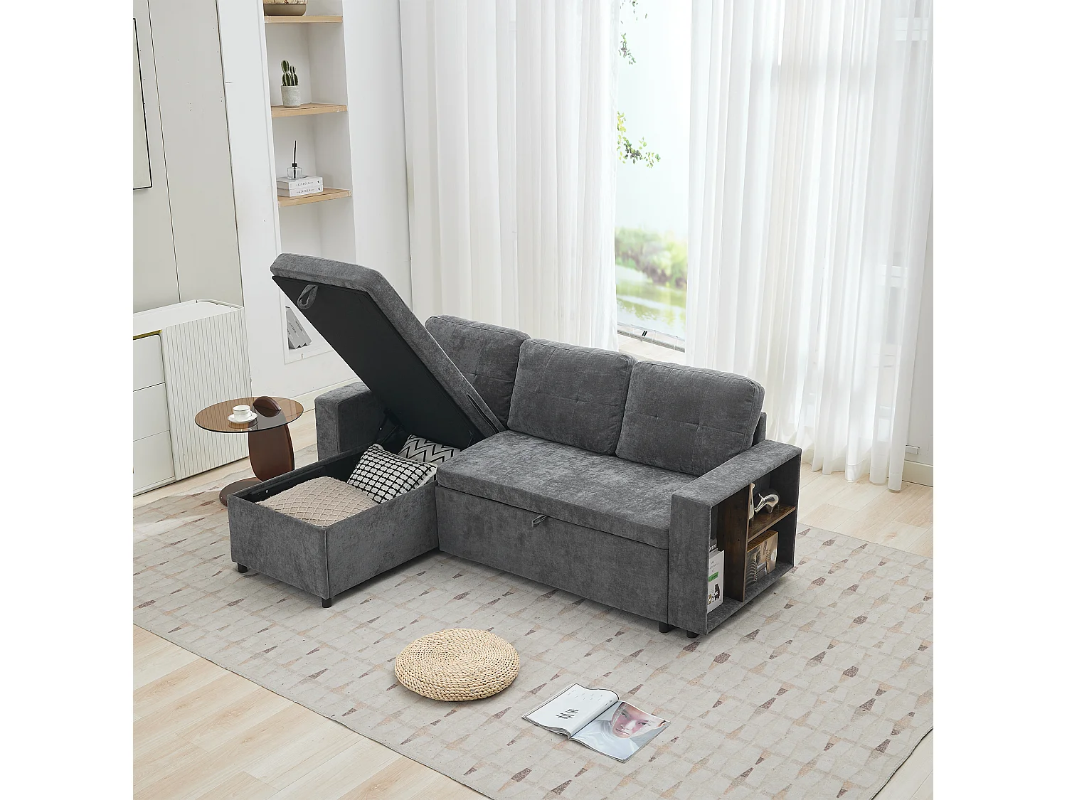 Canapé d'angle L gris en chenille, convertible, rangement latéral, 3 places, 202 x 136 cm