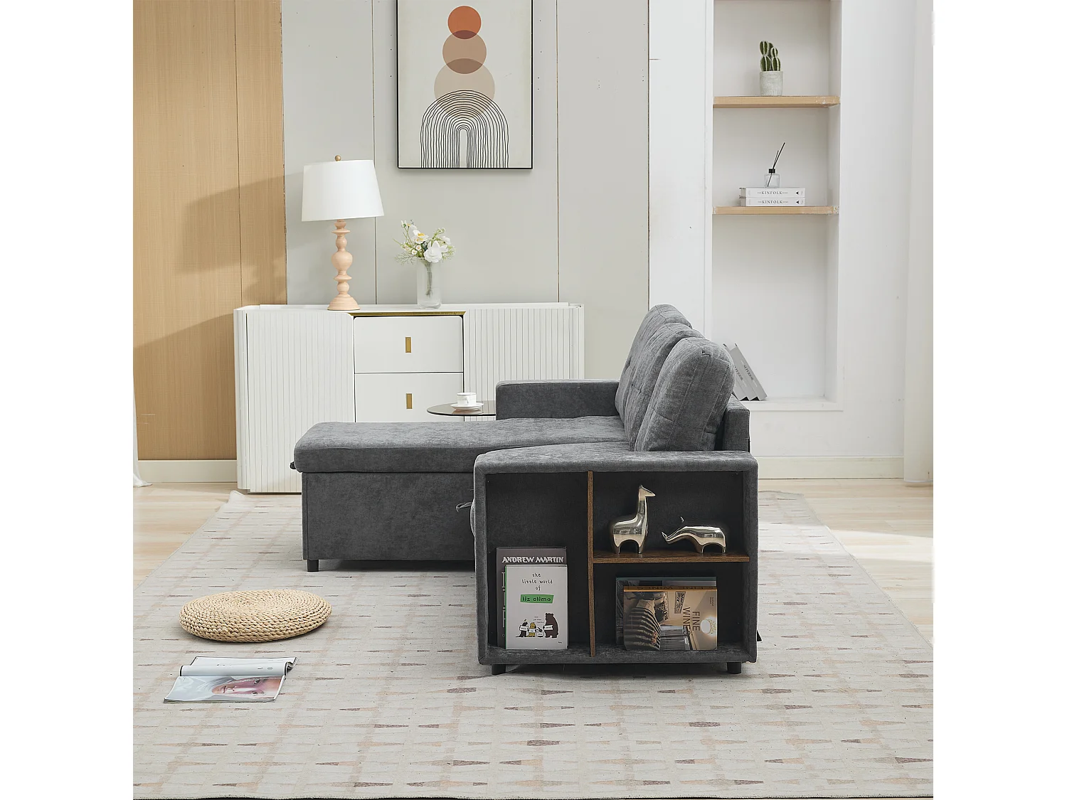 Canapé d'angle L gris en chenille, convertible, rangement latéral, 3 places, 202 x 136 cm