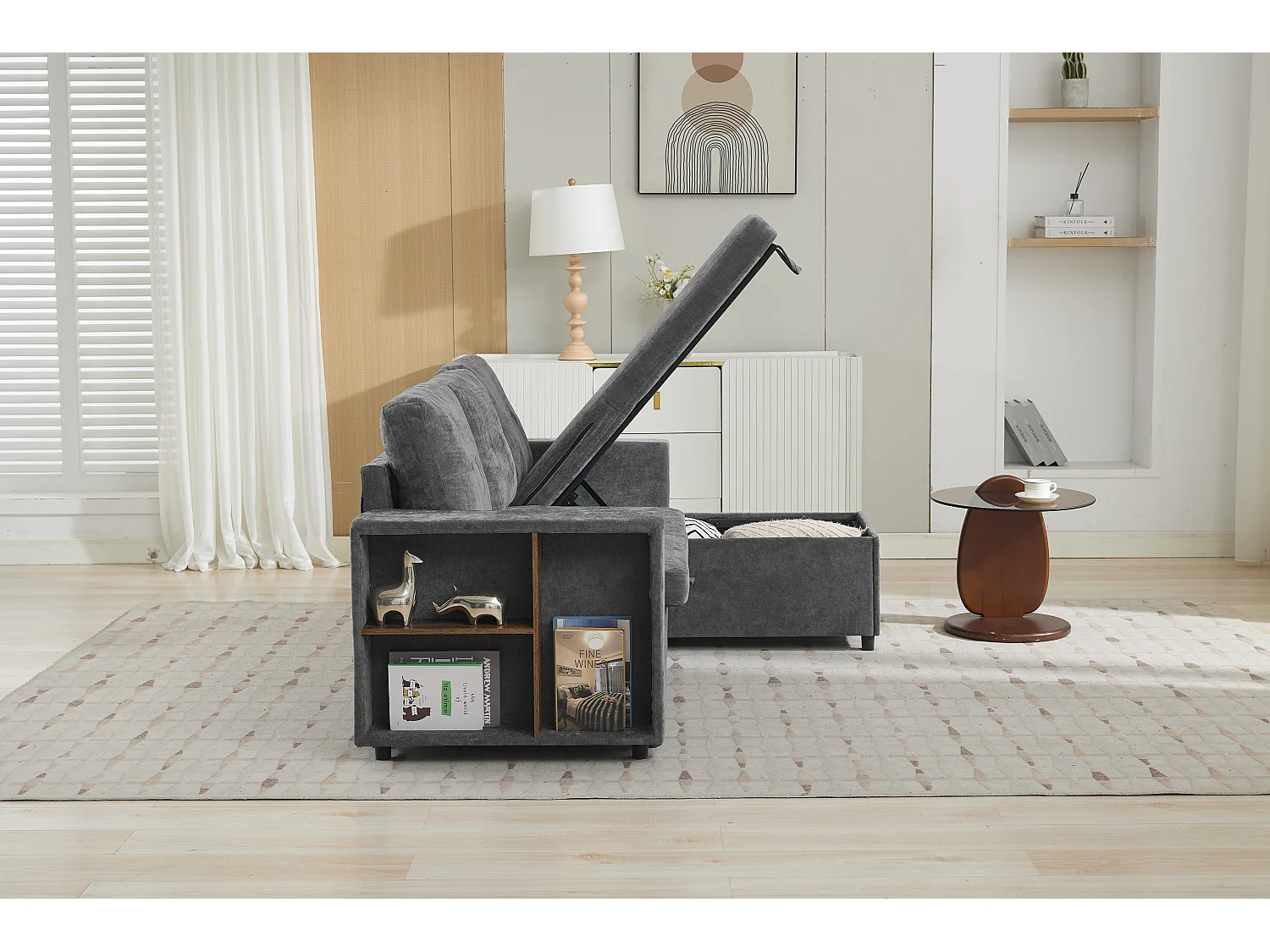 Canapé d'angle L gris en chenille, convertible, rangement latéral, 3 places, 202 x 136 cm