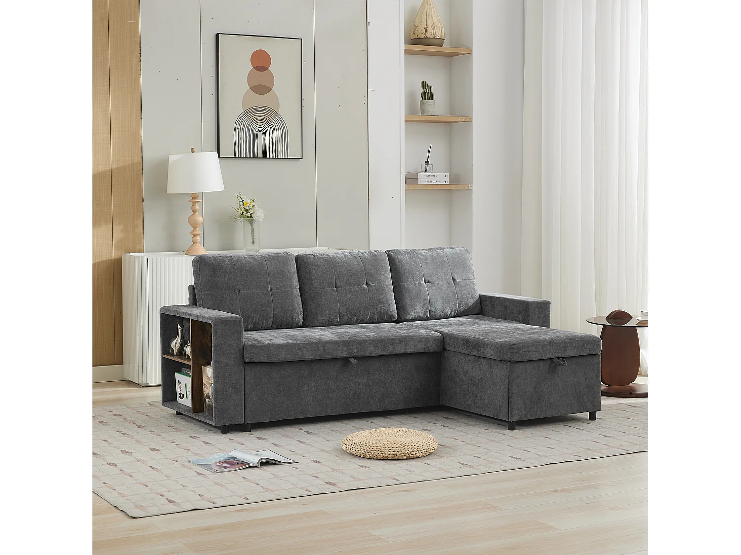Canapé d'angle L gris en chenille, convertible, rangement latéral, 3 places, 202 x 136 cm