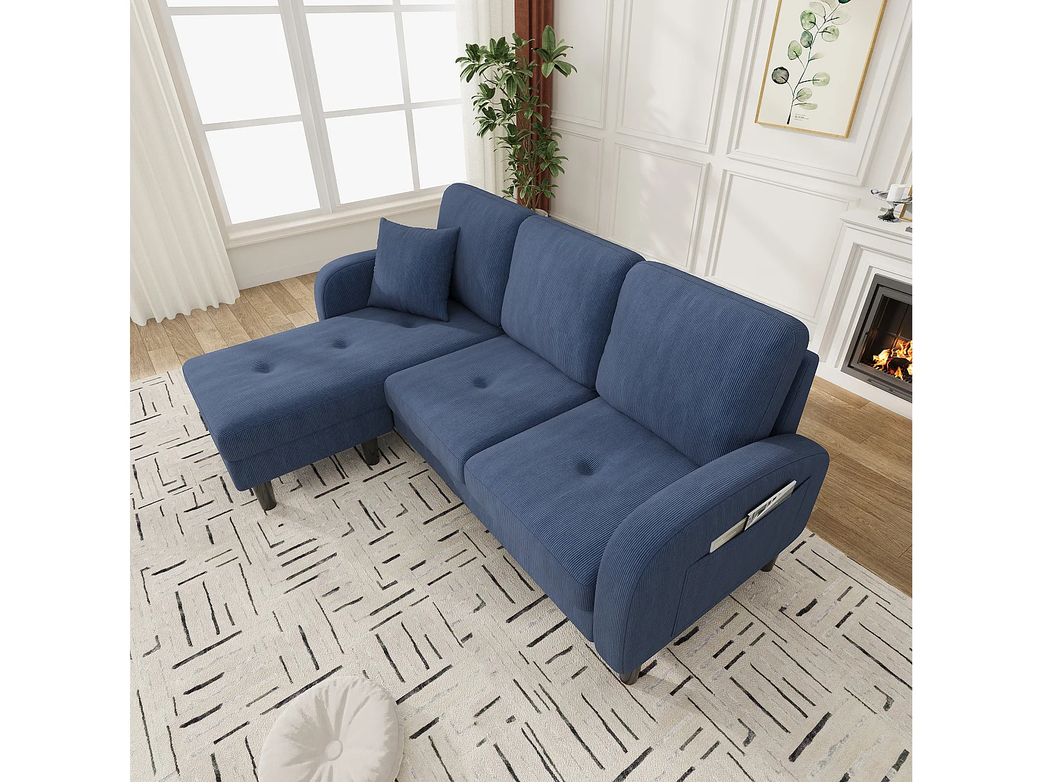 Canapé d'angle L 3 places, tissu coton et lin, méridienne, design scandinave, salon