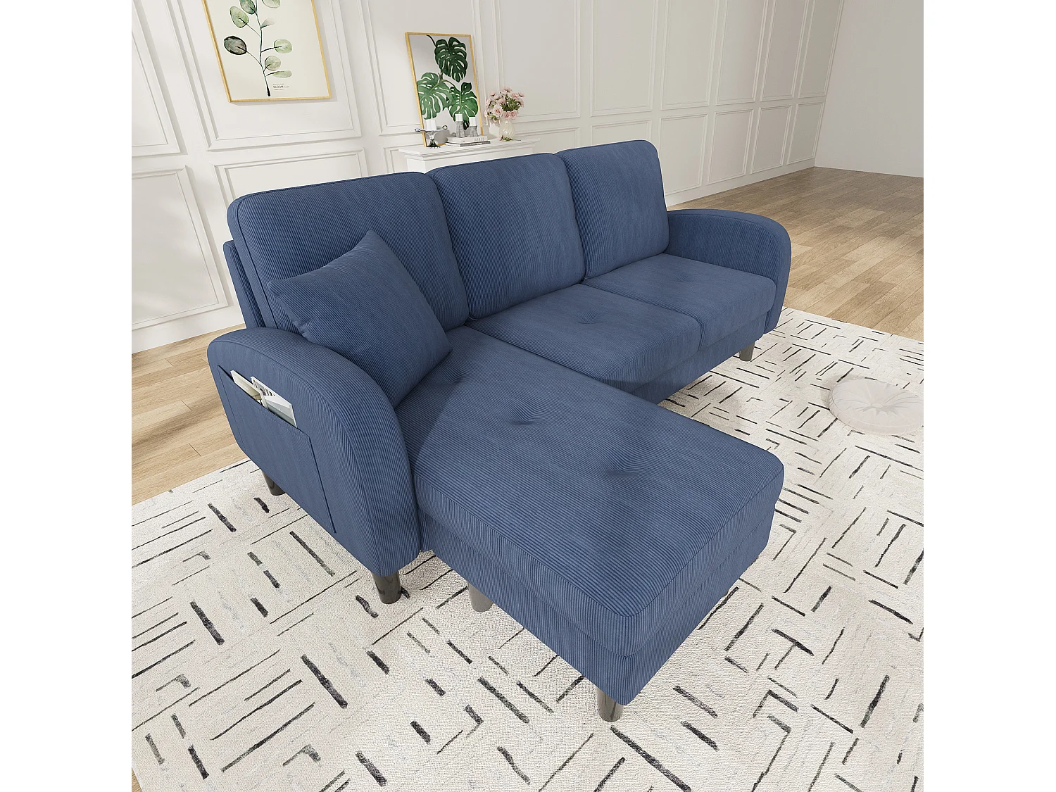 Canapé d'angle L 3 places, tissu coton et lin, méridienne, design scandinave, salon