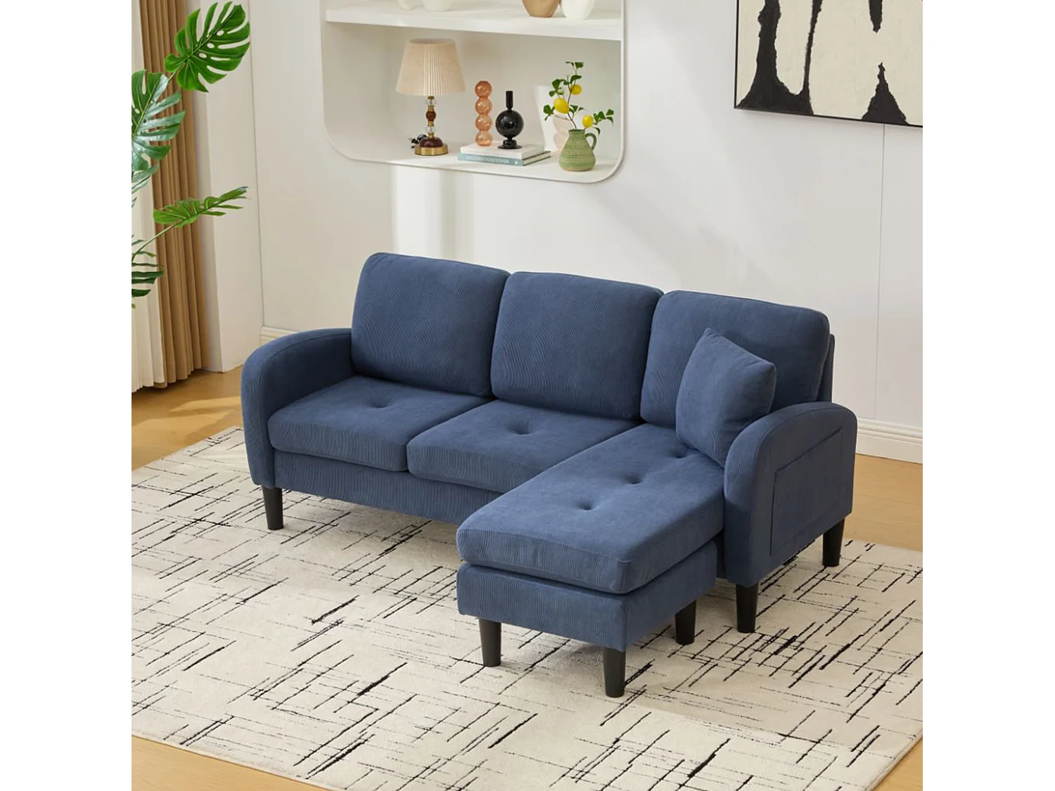 Canapé d'angle L 3 places, tissu coton et lin, méridienne, design scandinave, salon