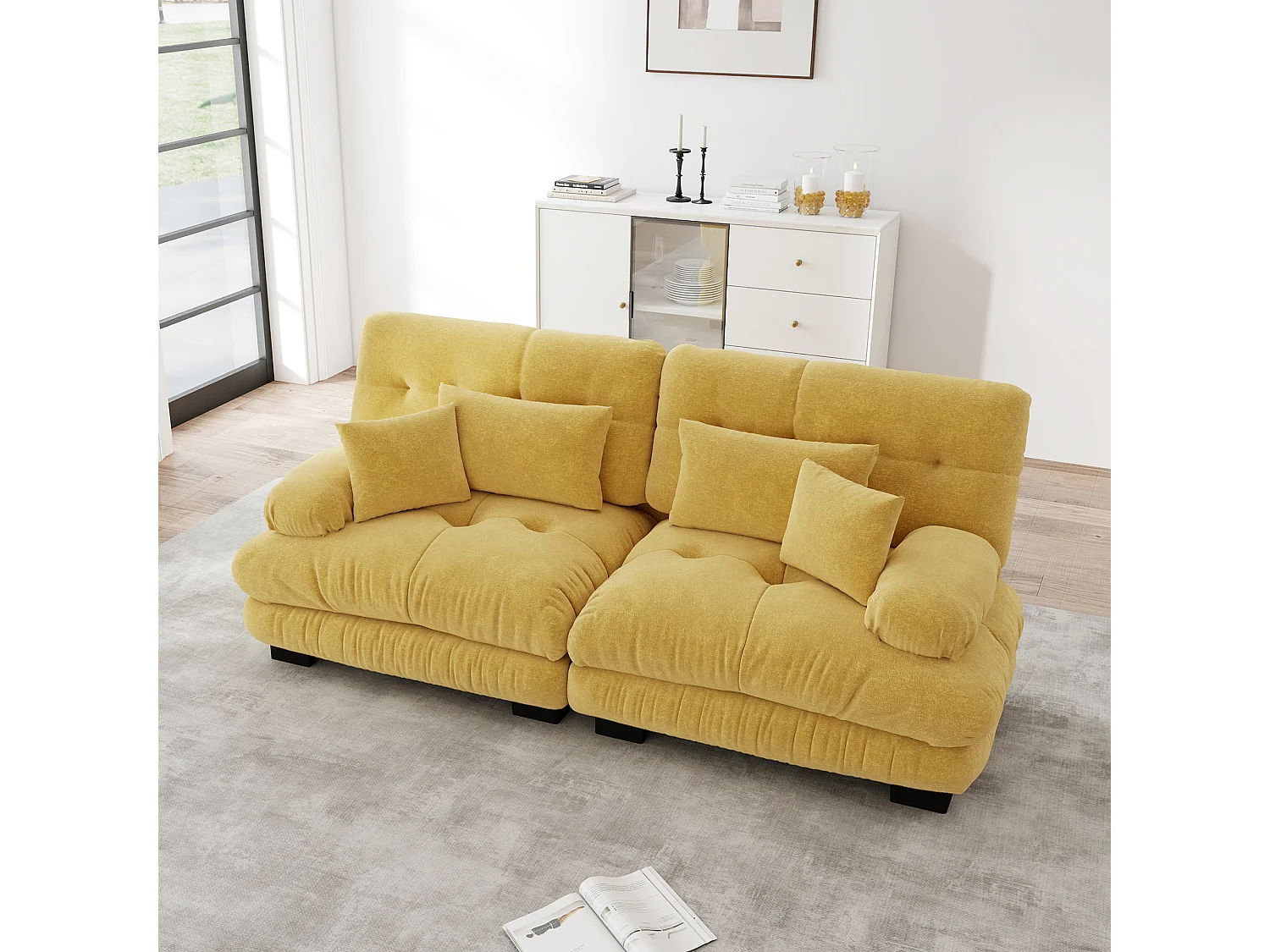 Canapé relaxation cloud jaune, tissu chenille, 4 coussins inclus, assise moelleuse, salon
