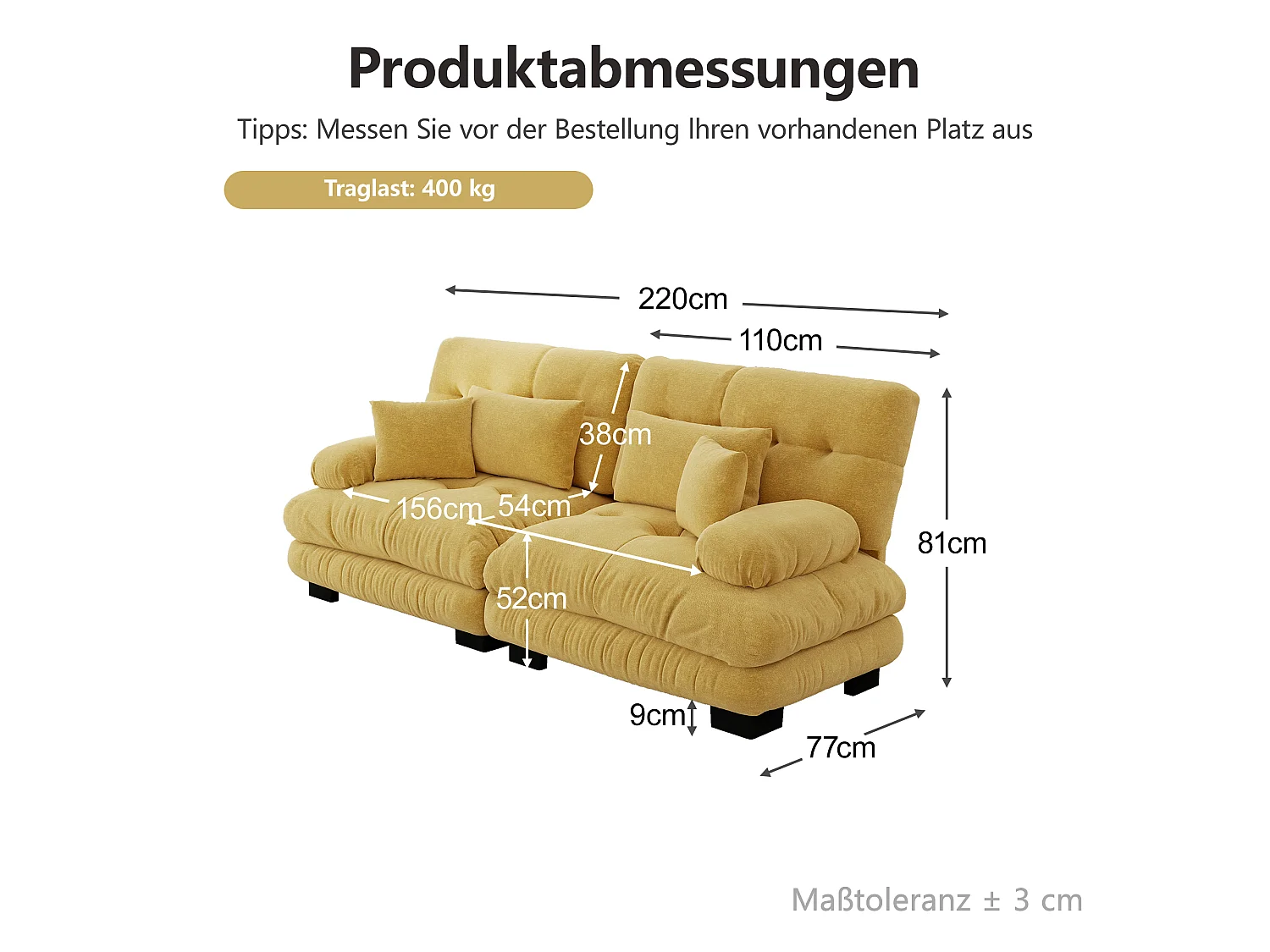 Canapé relaxation cloud jaune, tissu chenille, 4 coussins inclus, assise moelleuse, salon