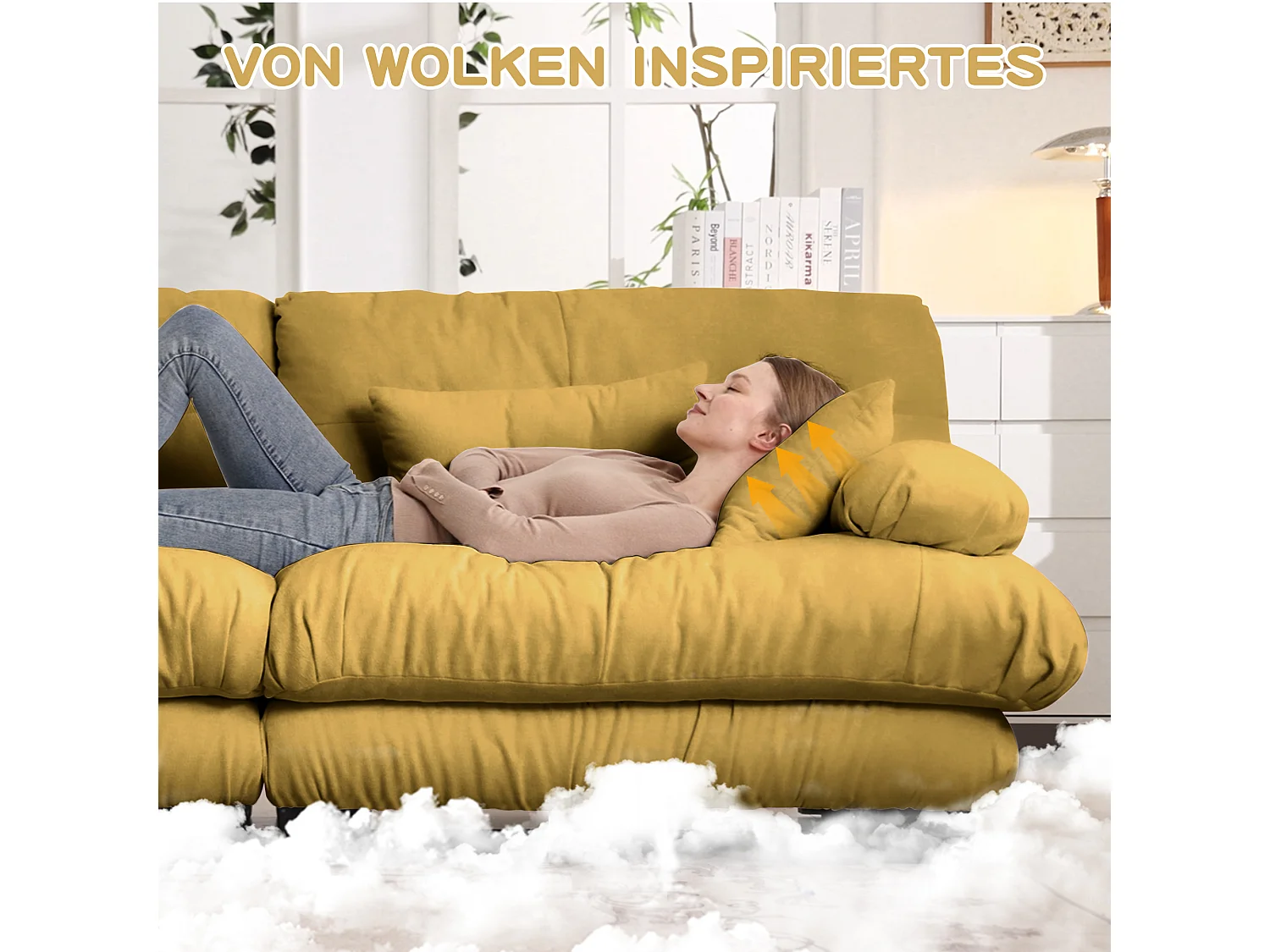 Canapé relaxation cloud jaune, tissu chenille, 4 coussins inclus, assise moelleuse, salon