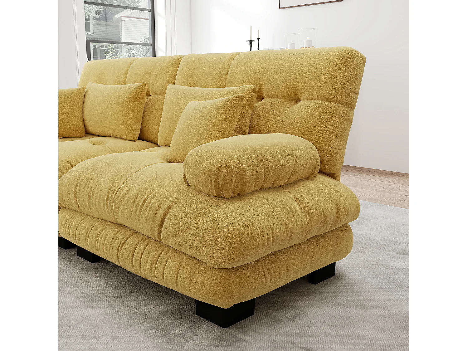 Canapé relaxation cloud jaune, tissu chenille, 4 coussins inclus, assise moelleuse, salon