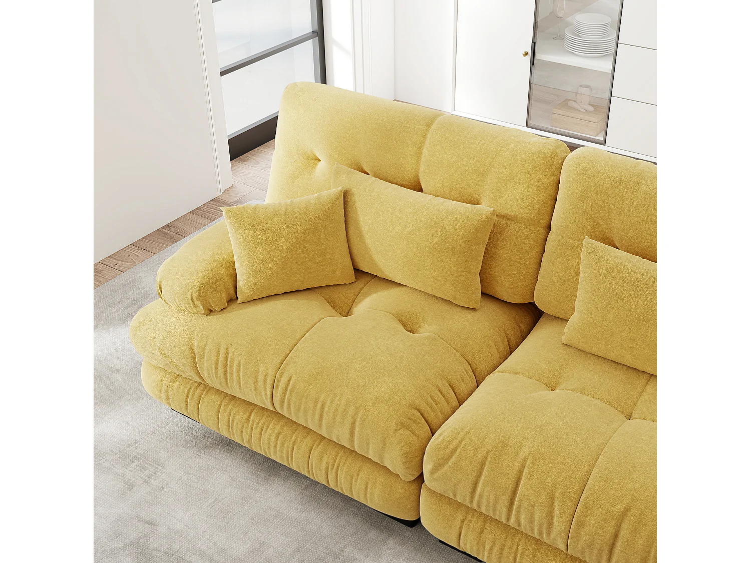 Canapé relaxation cloud jaune, tissu chenille, 4 coussins inclus, assise moelleuse, salon