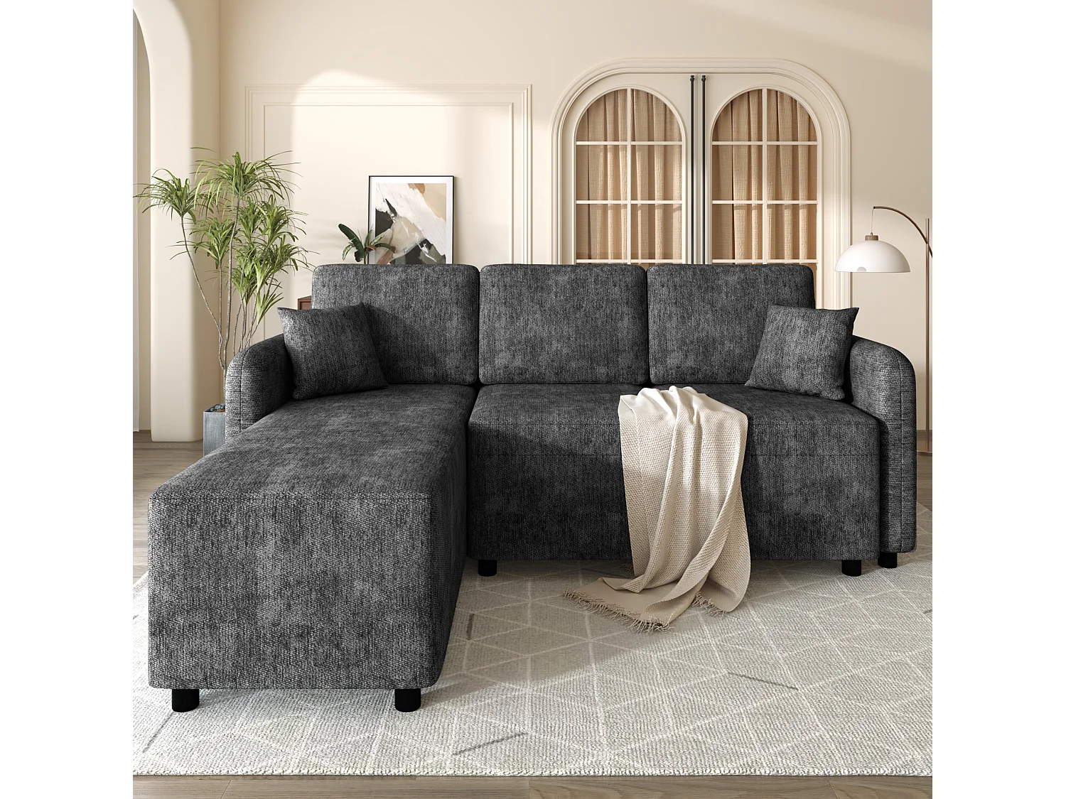 Canapé d'angle L 3 places, zone inclinable 144 cm, revêtement chenille, mousse HD, 2 coussins, salon