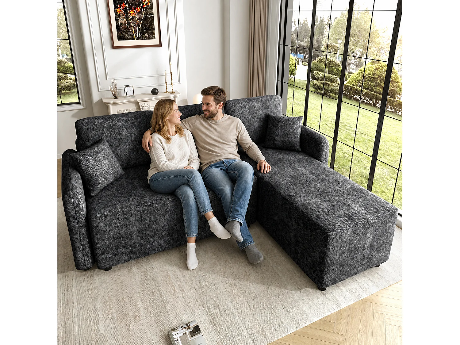 Canapé d'angle L 3 places, zone inclinable 144 cm, revêtement chenille, mousse HD, 2 coussins, salon