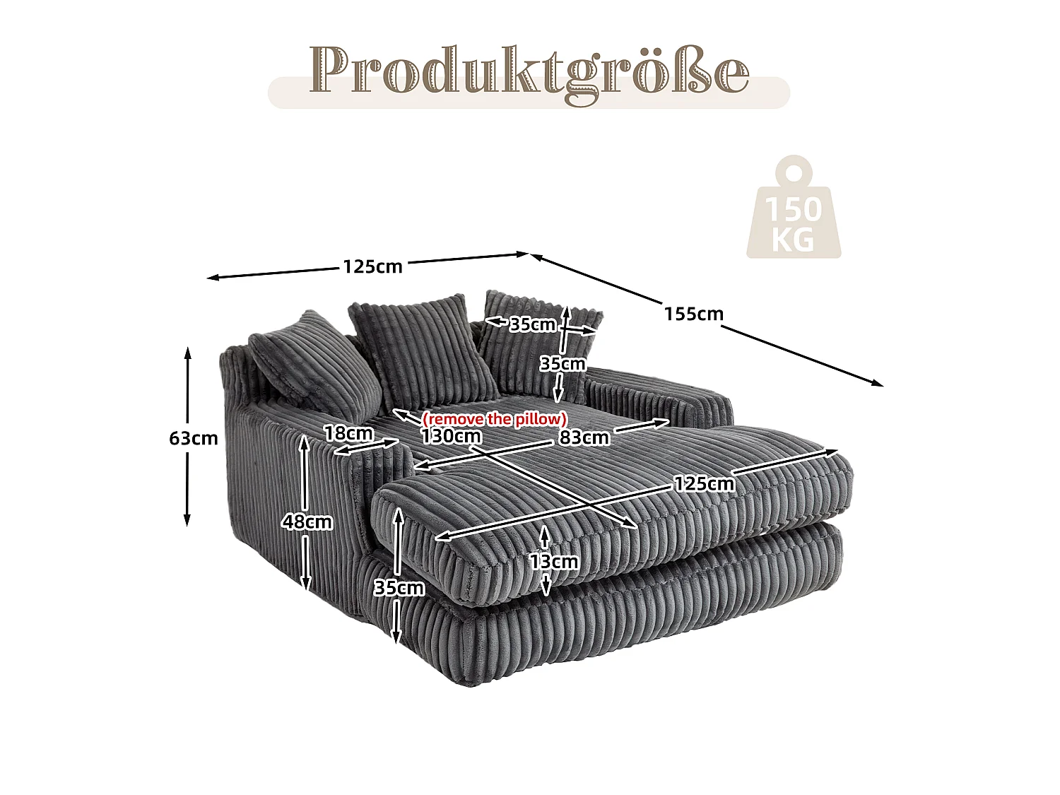 Canapé relaxation Cloud velours côtelé gris foncé, 3 coussins, assise large, design scandinave