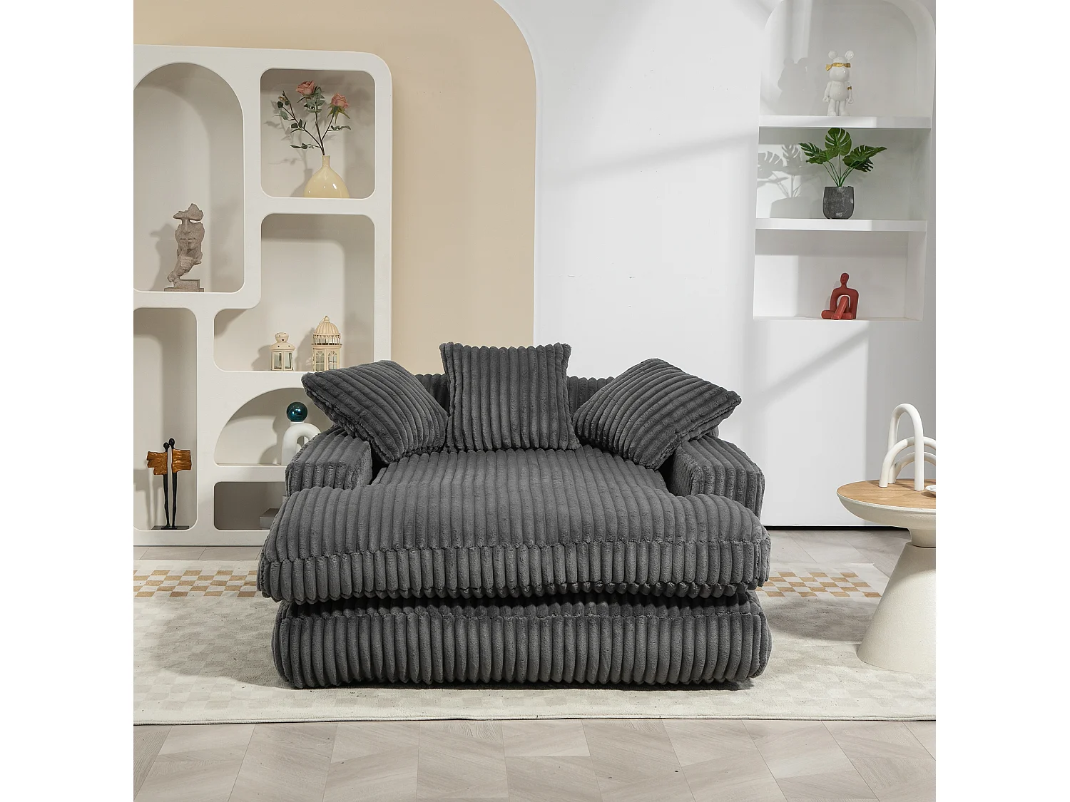 Canapé relaxation Cloud velours côtelé gris foncé, 3 coussins, assise large, design scandinave