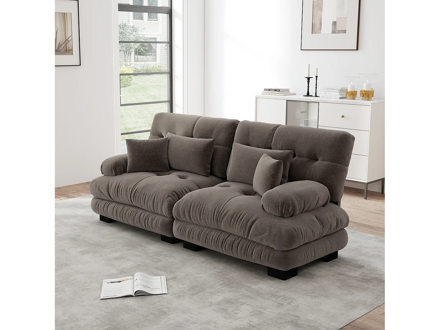 Canapé relaxation cloud marron, tissu chenille, 4 coussins inclus, assise moelleuse, salon