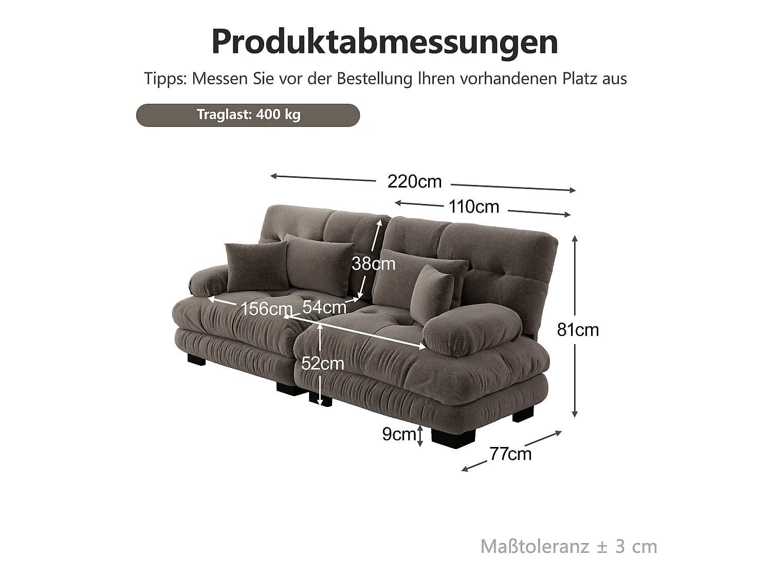Canapé relaxation cloud marron, tissu chenille, 4 coussins inclus, assise moelleuse, salon