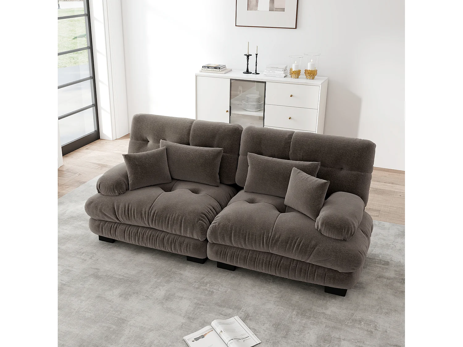 Canapé relaxation cloud marron, tissu chenille, 4 coussins inclus, assise moelleuse, salon