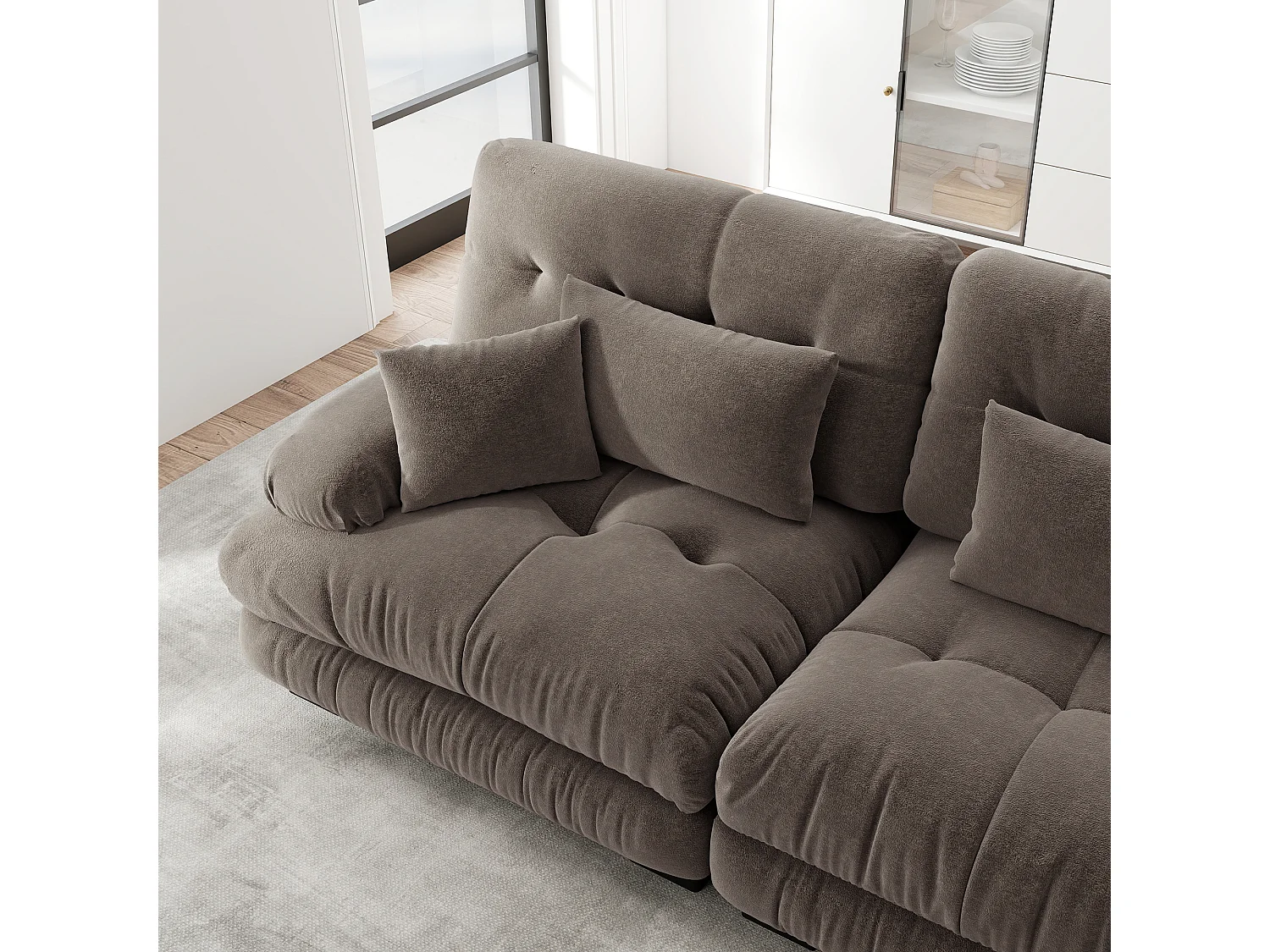 Canapé relaxation cloud marron, tissu chenille, 4 coussins inclus, assise moelleuse, salon