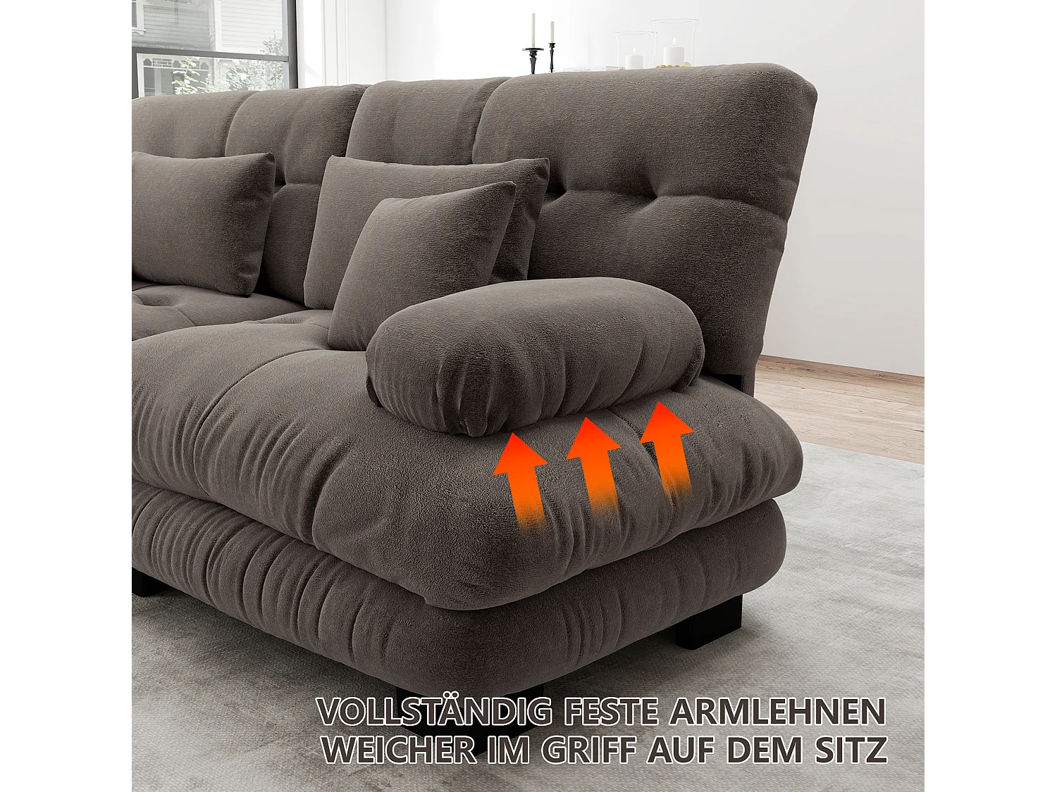 Canapé relaxation cloud marron, tissu chenille, 4 coussins inclus, assise moelleuse, salon