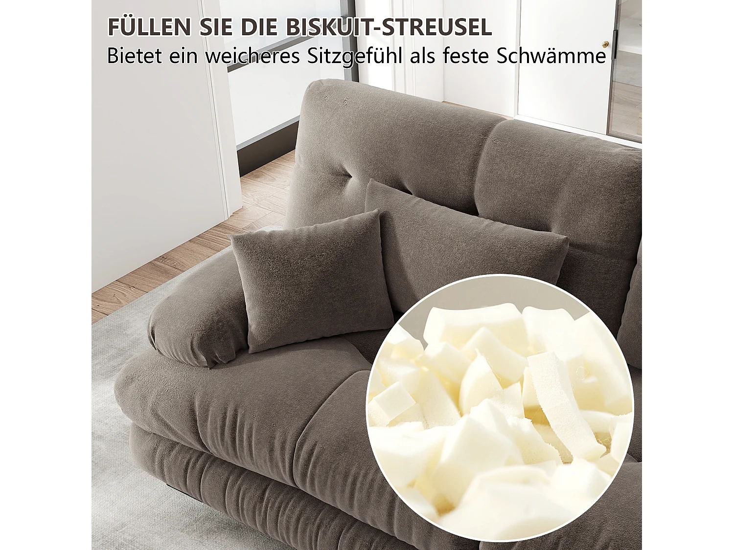 Canapé relaxation cloud marron, tissu chenille, 4 coussins inclus, assise moelleuse, salon