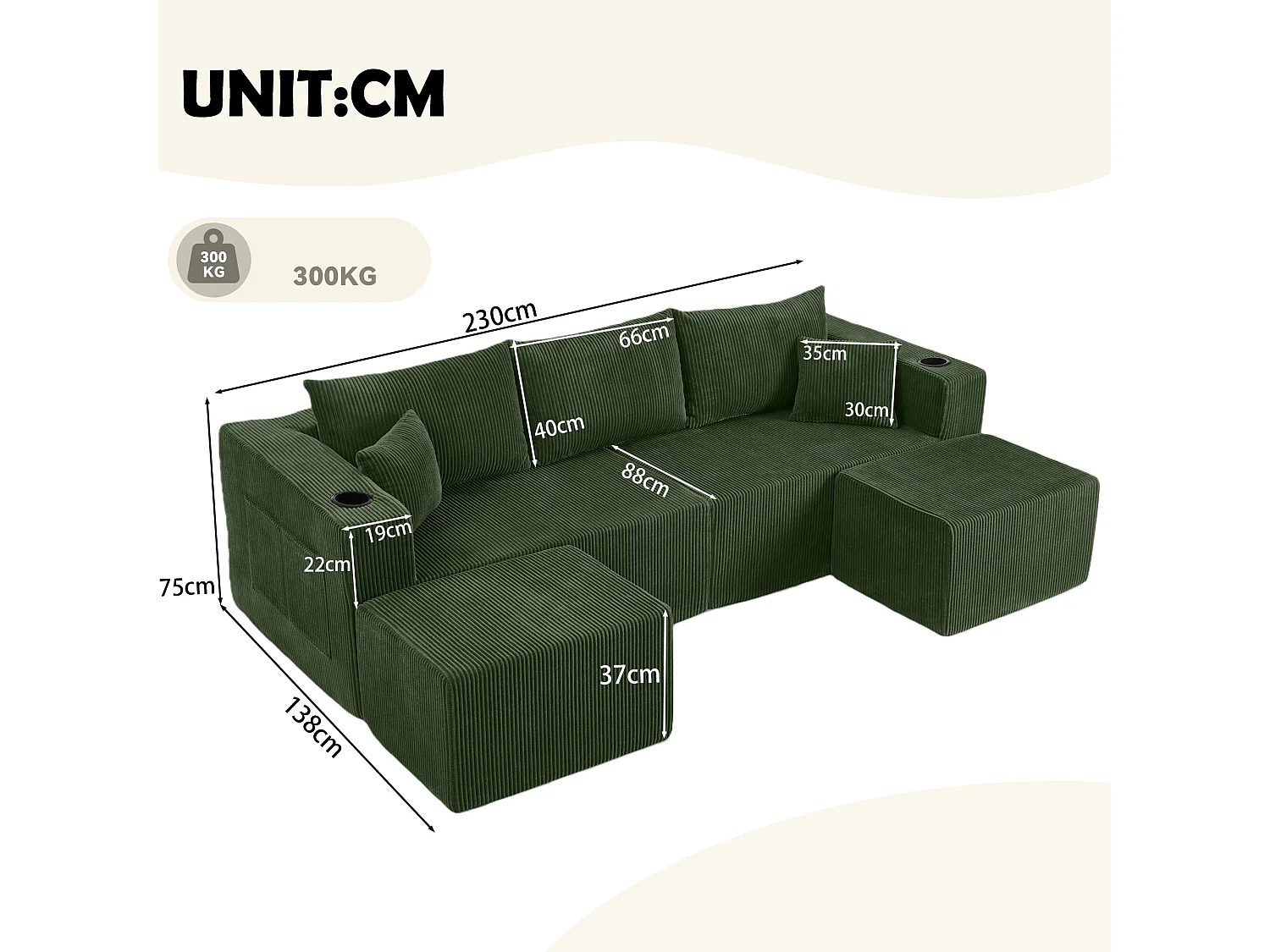 Canapé d'angle L modulable vert, poufs amovibles, velours côtelé, porte-gobelets et poche, salon