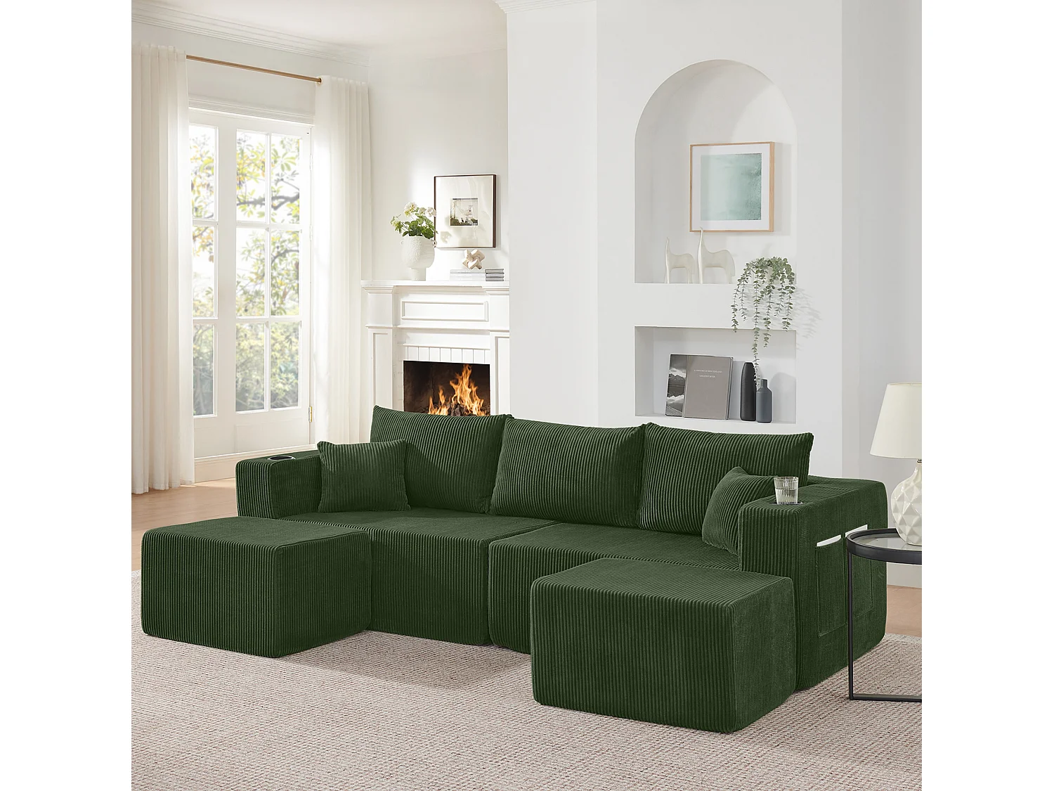 Canapé d'angle L modulable vert, poufs amovibles, velours côtelé, porte-gobelets et poche, salon