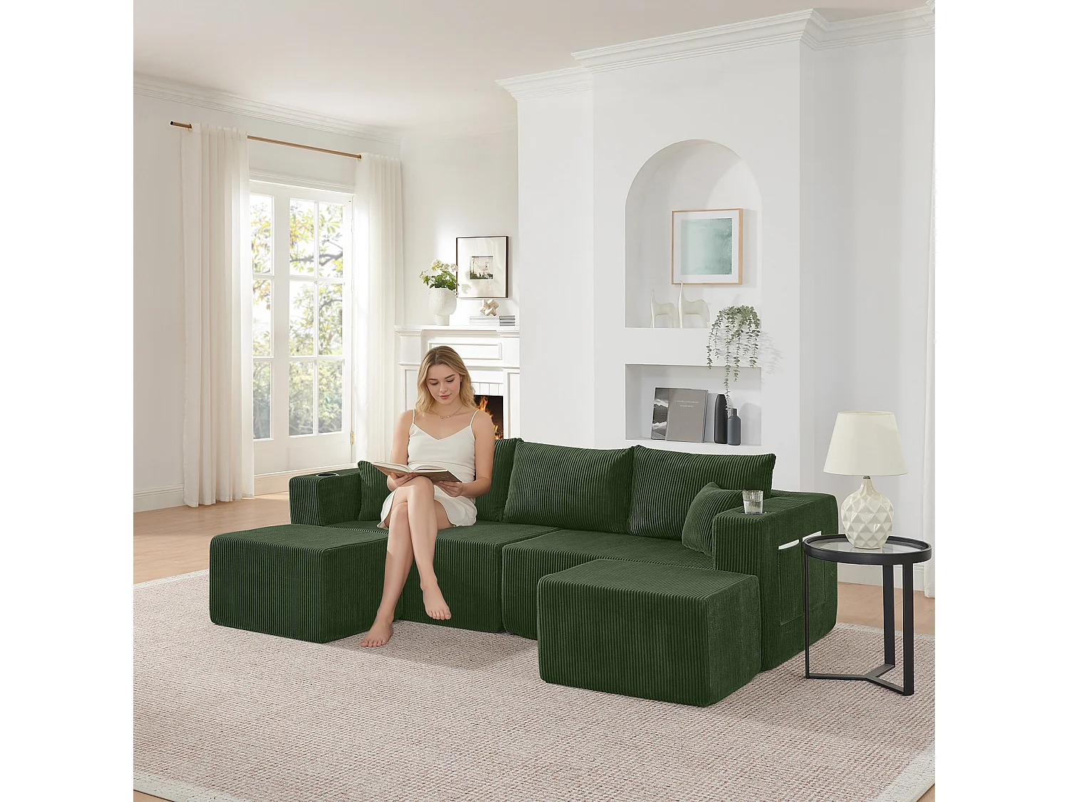 Canapé d'angle L modulable vert, poufs amovibles, velours côtelé, porte-gobelets et poche, salon