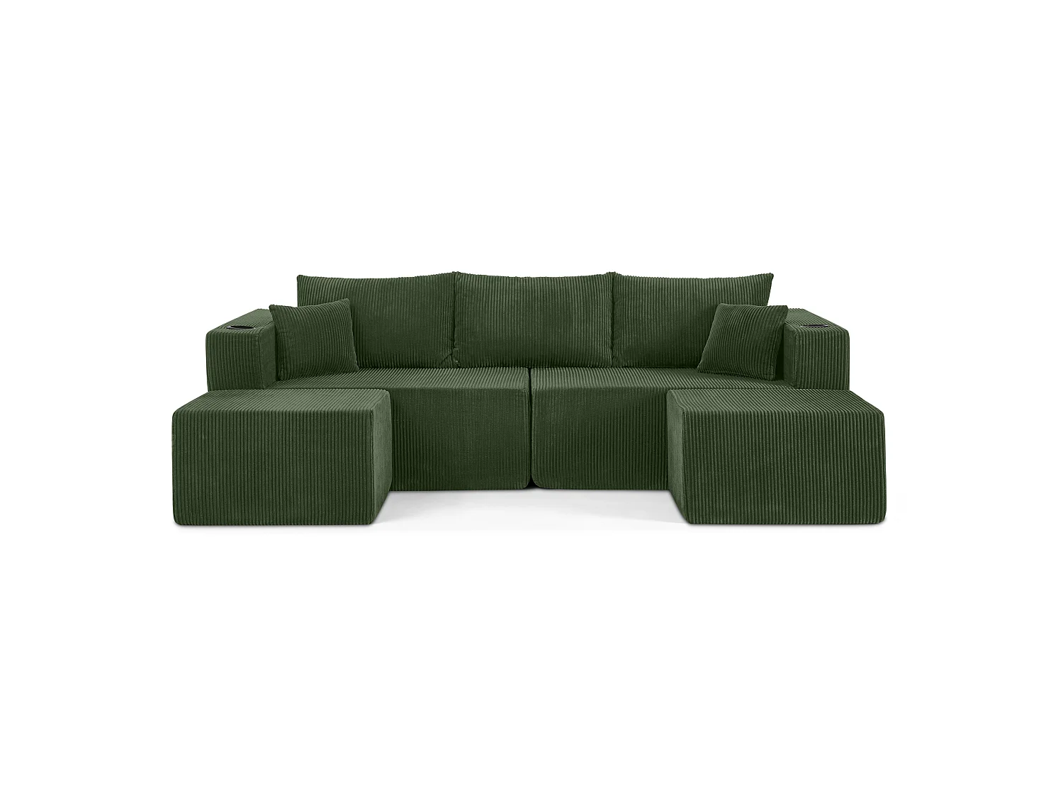 Canapé d'angle L modulable vert, poufs amovibles, velours côtelé, porte-gobelets et poche, salon