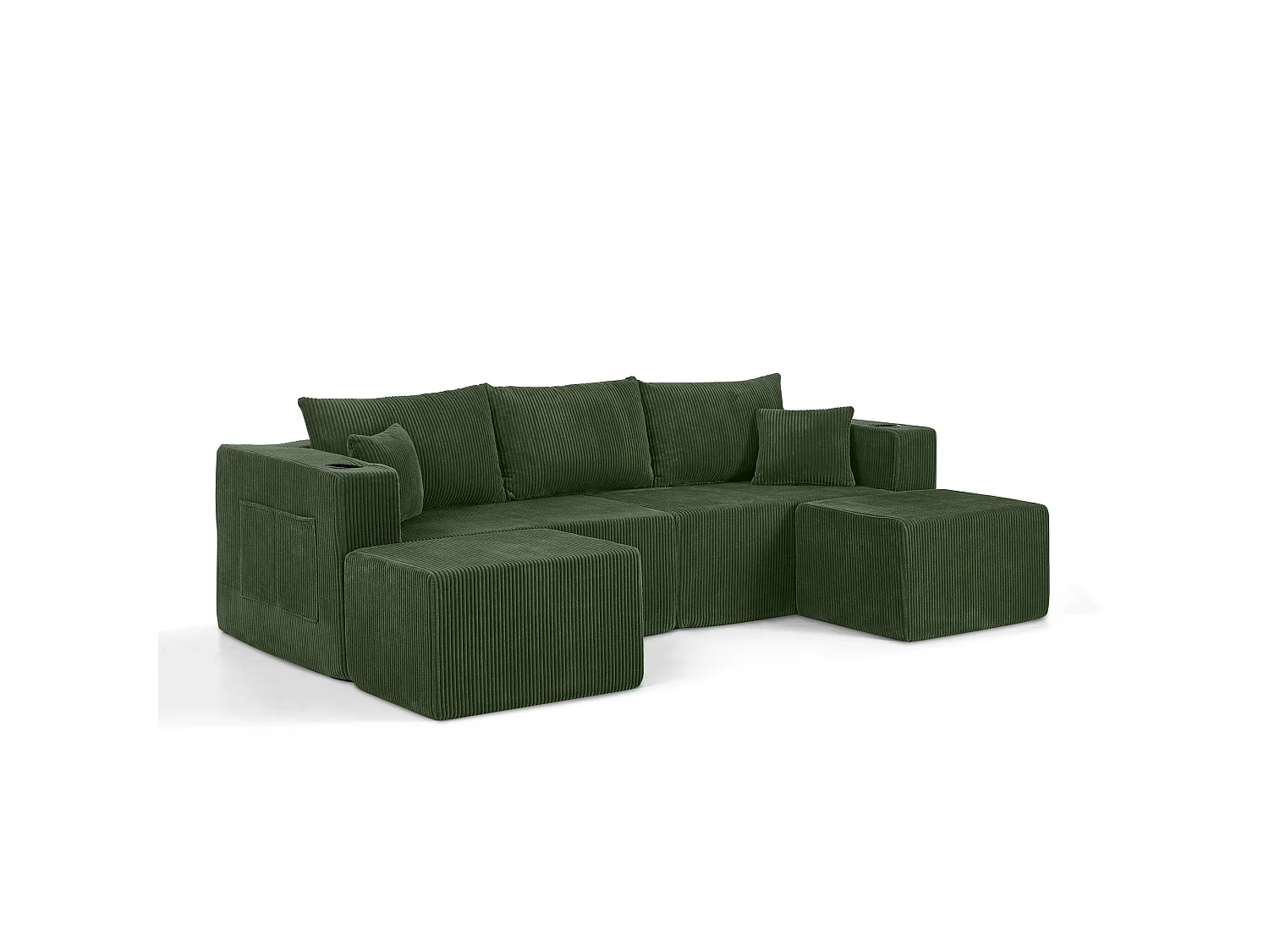 Canapé d'angle L modulable vert, poufs amovibles, velours côtelé, porte-gobelets et poche, salon